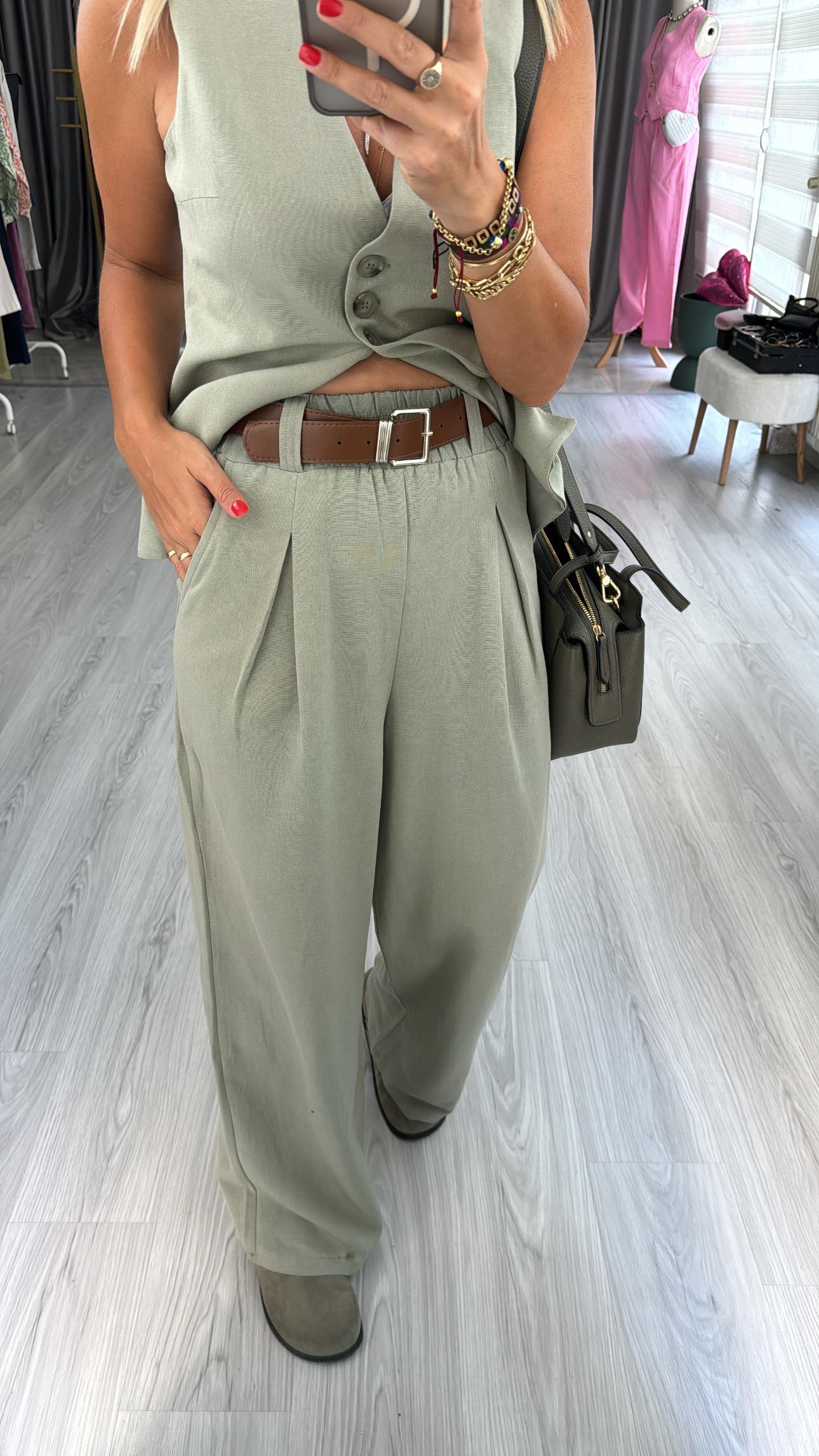 TABA KEMERLİ BELİ LASTİKLİ HAKİ PALAZZO PANTOLON