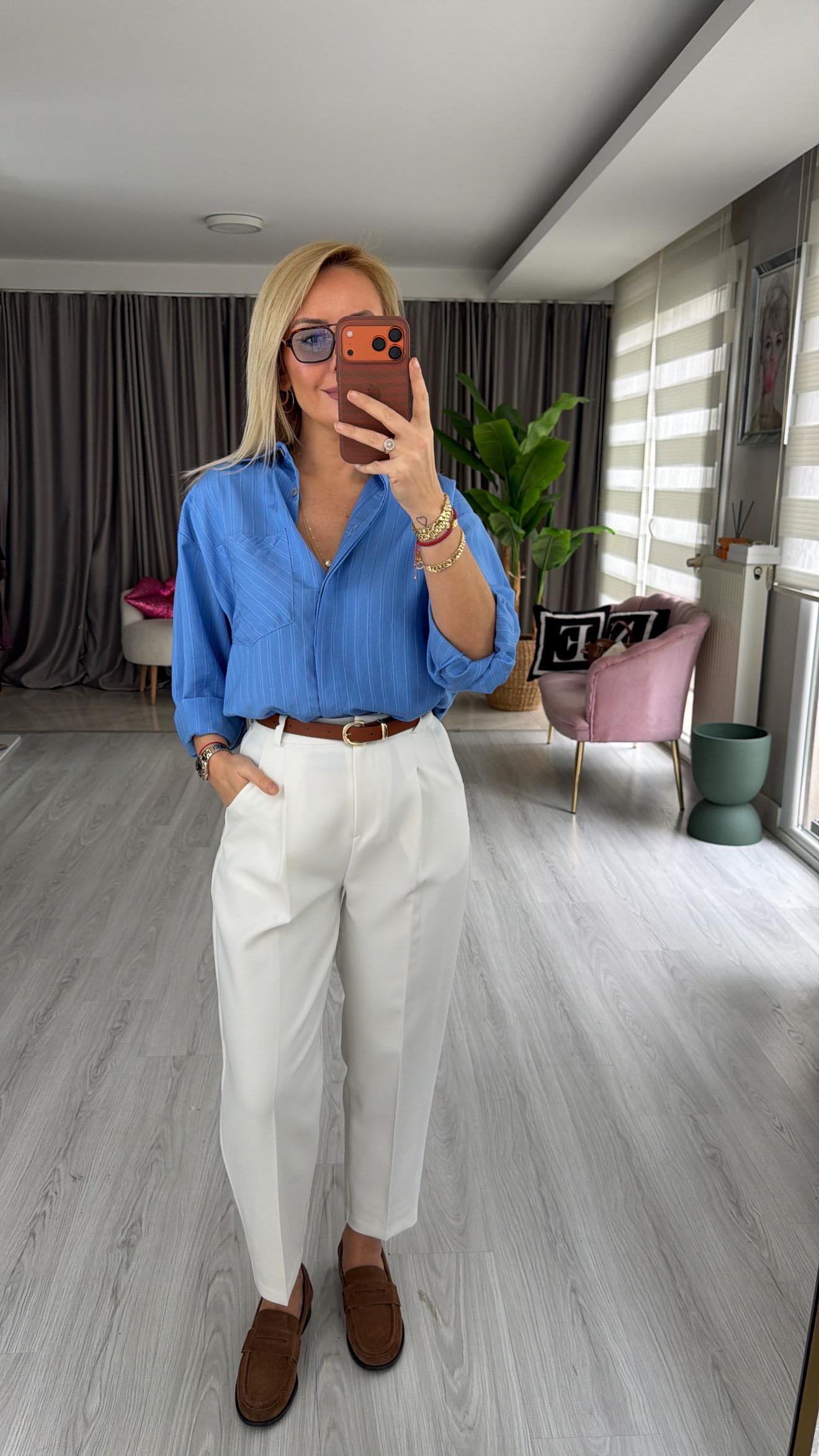 Taba Kemerli Likralı Beyaz Krep Pantolon