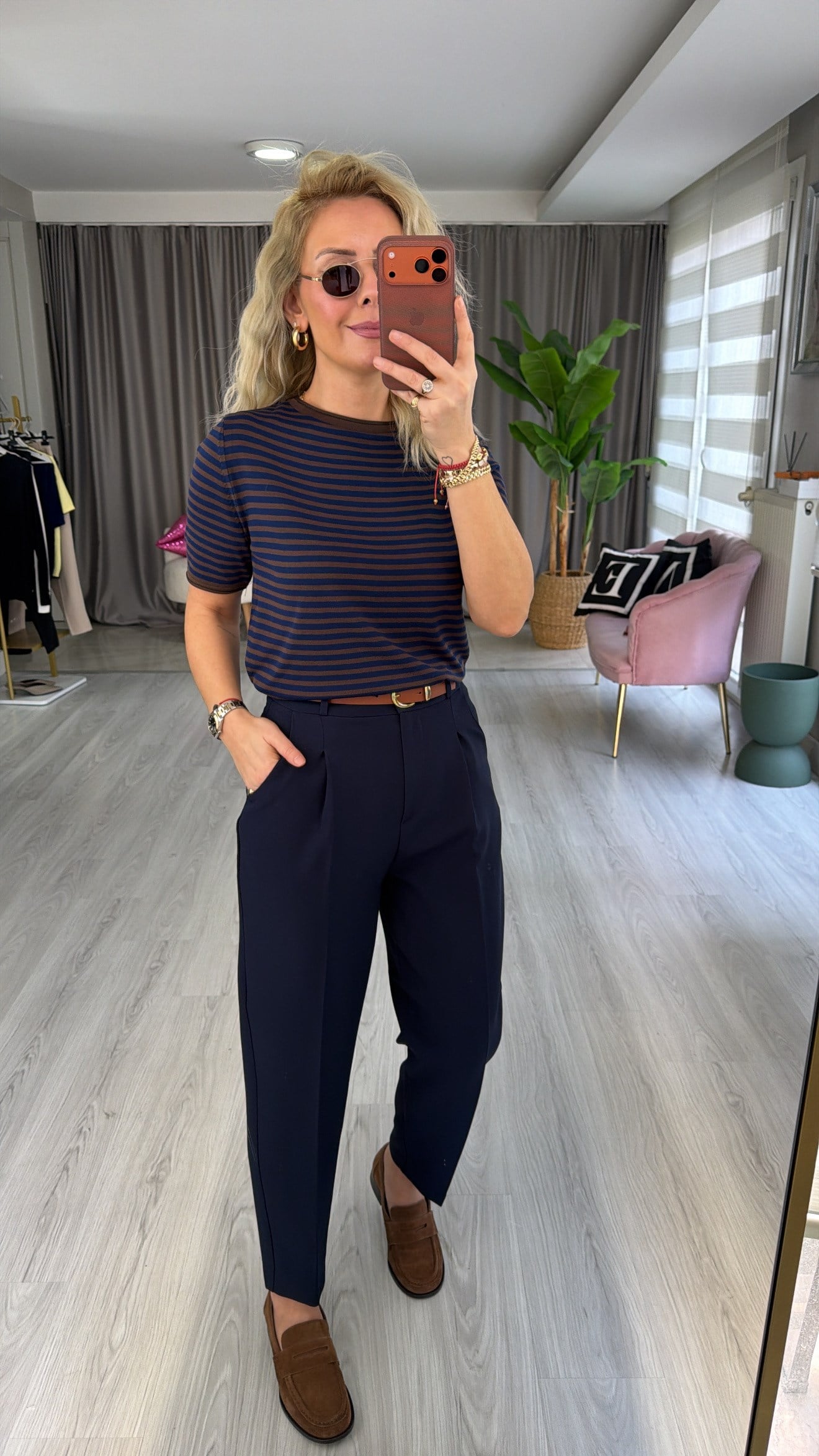 Taba Kemerli Likralı Lacivert Krep Pantolon