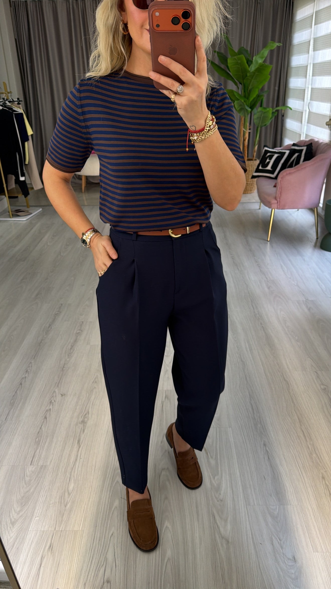 Taba Kemerli Likralı Lacivert Krep Pantolon