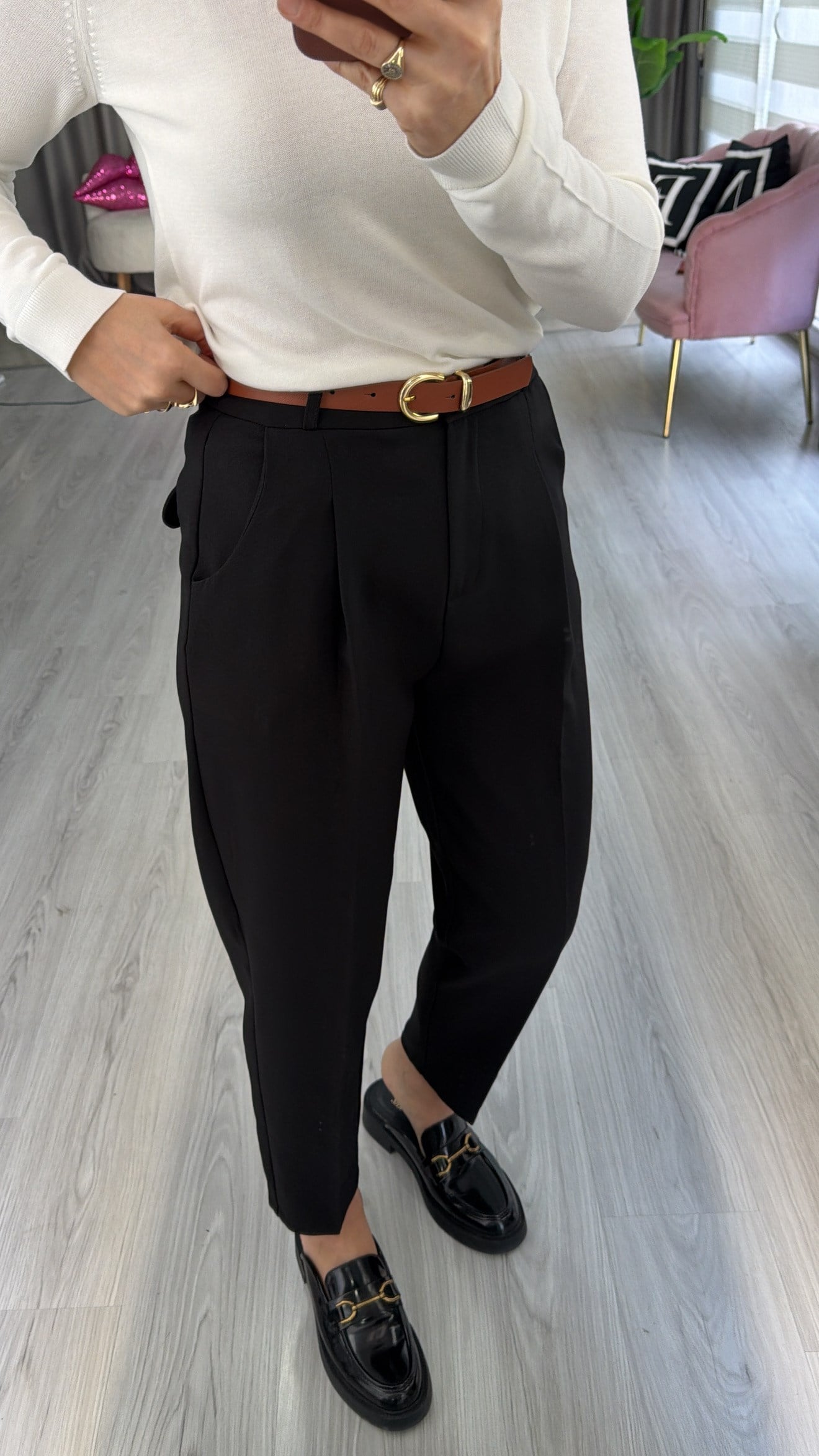 Taba Kemerli Likralı Siyah Krep Pantolon