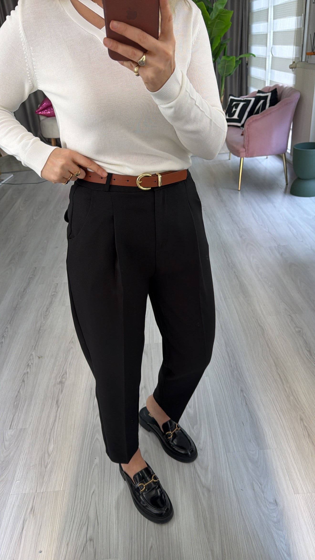 Taba Kemerli Likralı Siyah Krep Pantolon