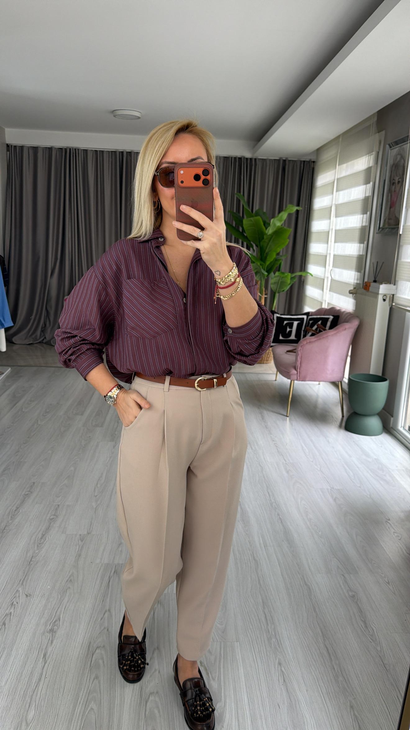 Taba Kemerli Likralı Taş Krep Pantolon