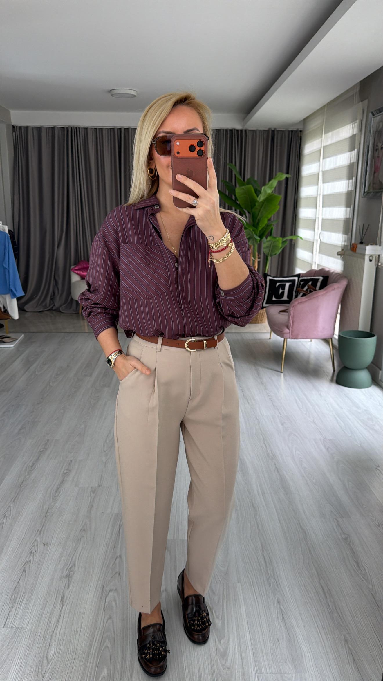 Taba Kemerli Likralı Taş Krep Pantolon