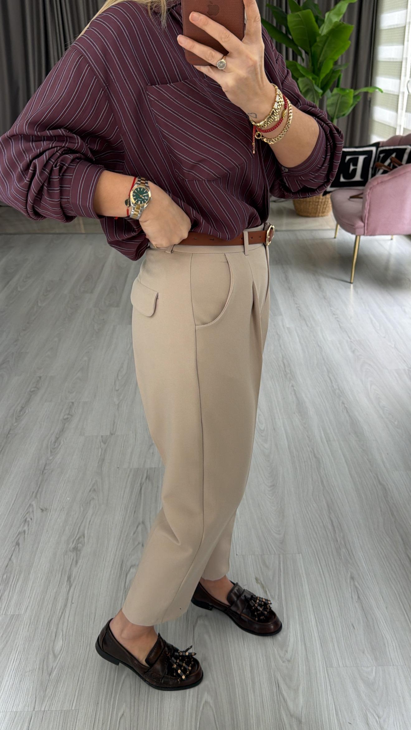 Taba Kemerli Likralı Taş Krep Pantolon