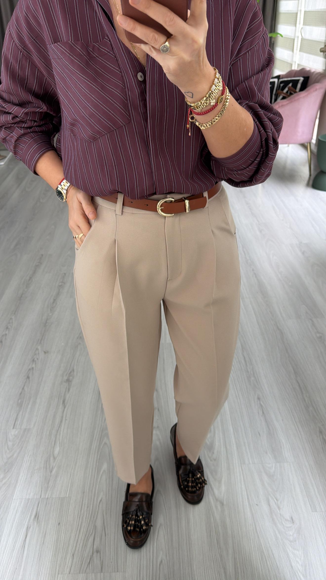 Taba Kemerli Likralı Taş Krep Pantolon