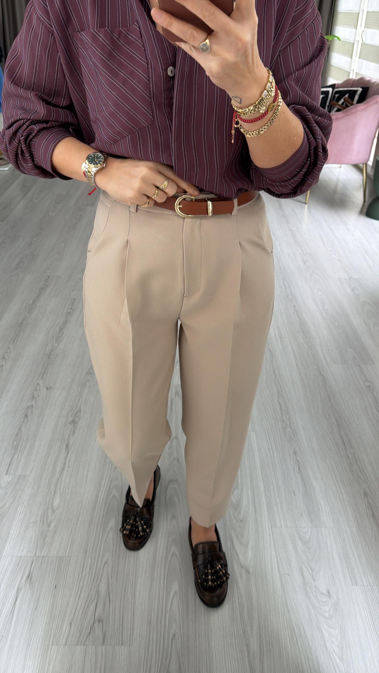 Taba Kemerli Likralı Taş Krep Pantolon