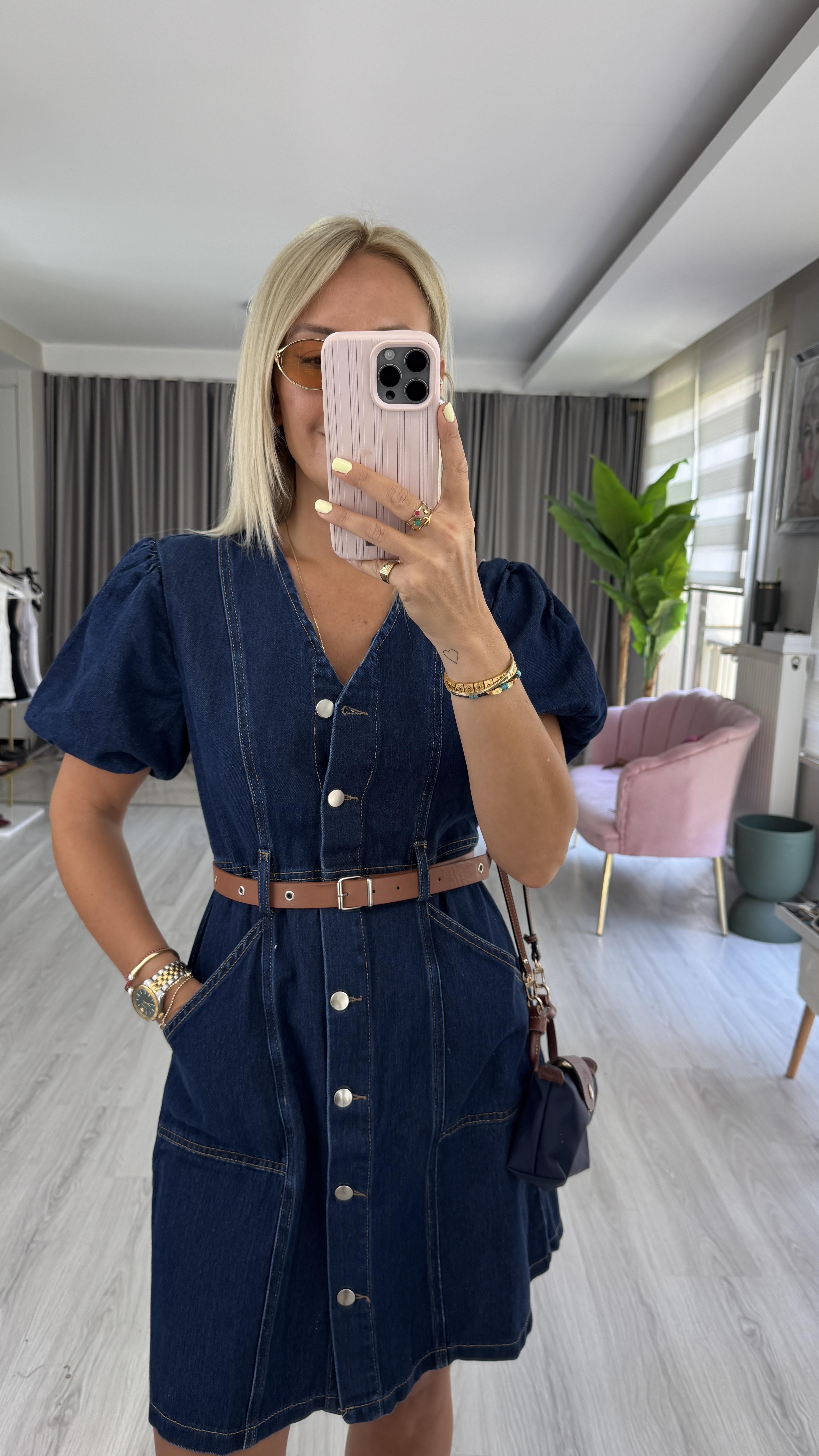 Taba Kemerli Önden Düğmeli Denim Elbise