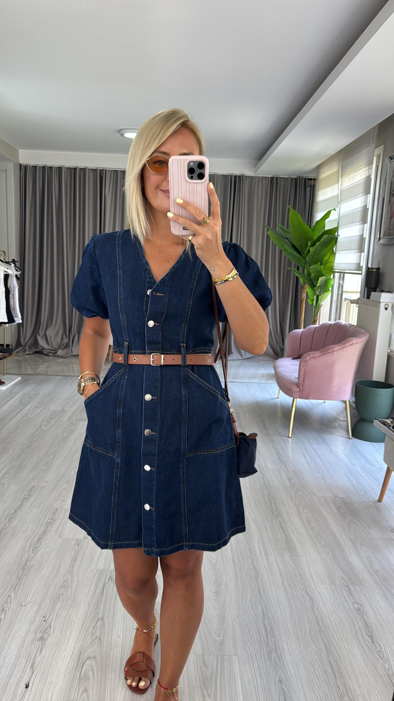 Taba Kemerli Önden Düğmeli Denim Elbise