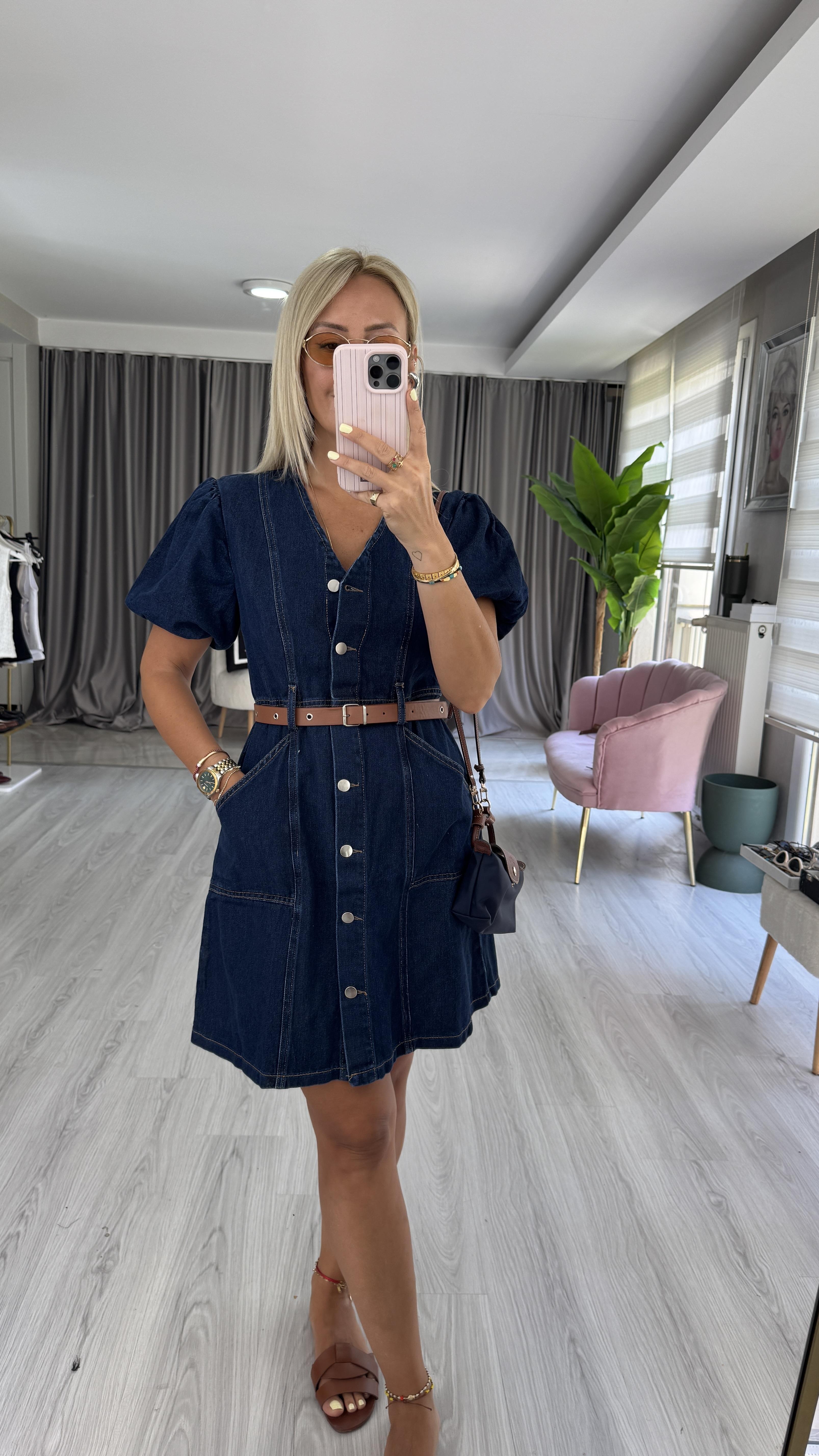 Taba Kemerli Önden Düğmeli Denim Elbise