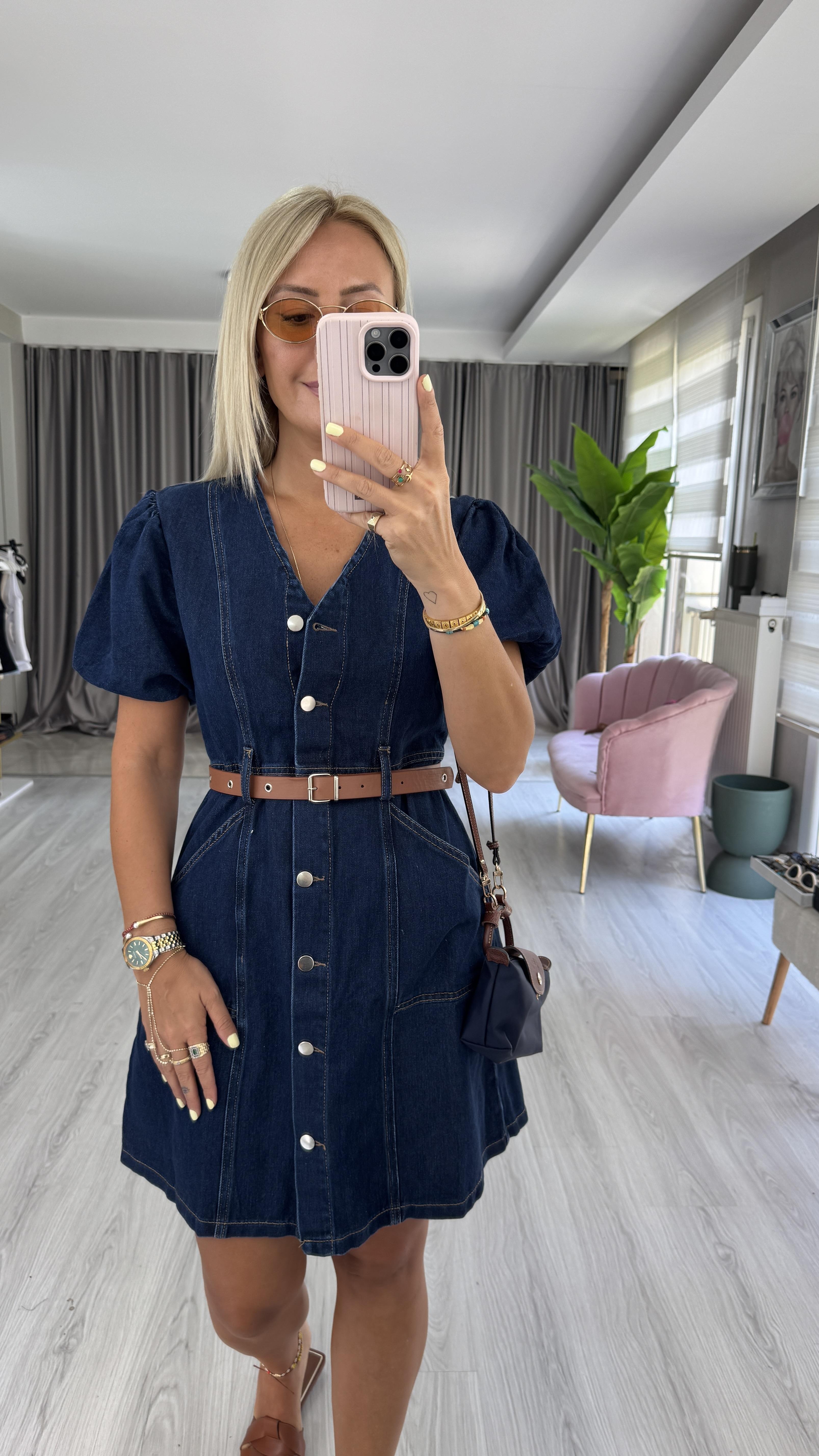 Taba Kemerli Önden Düğmeli Denim Elbise