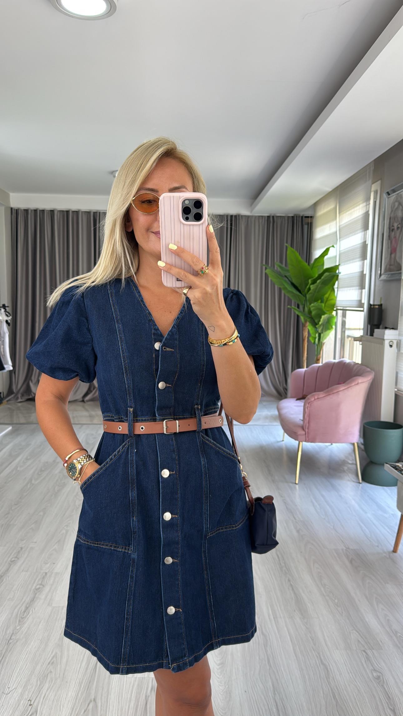 Taba Kemerli Önden Düğmeli Denim Elbise