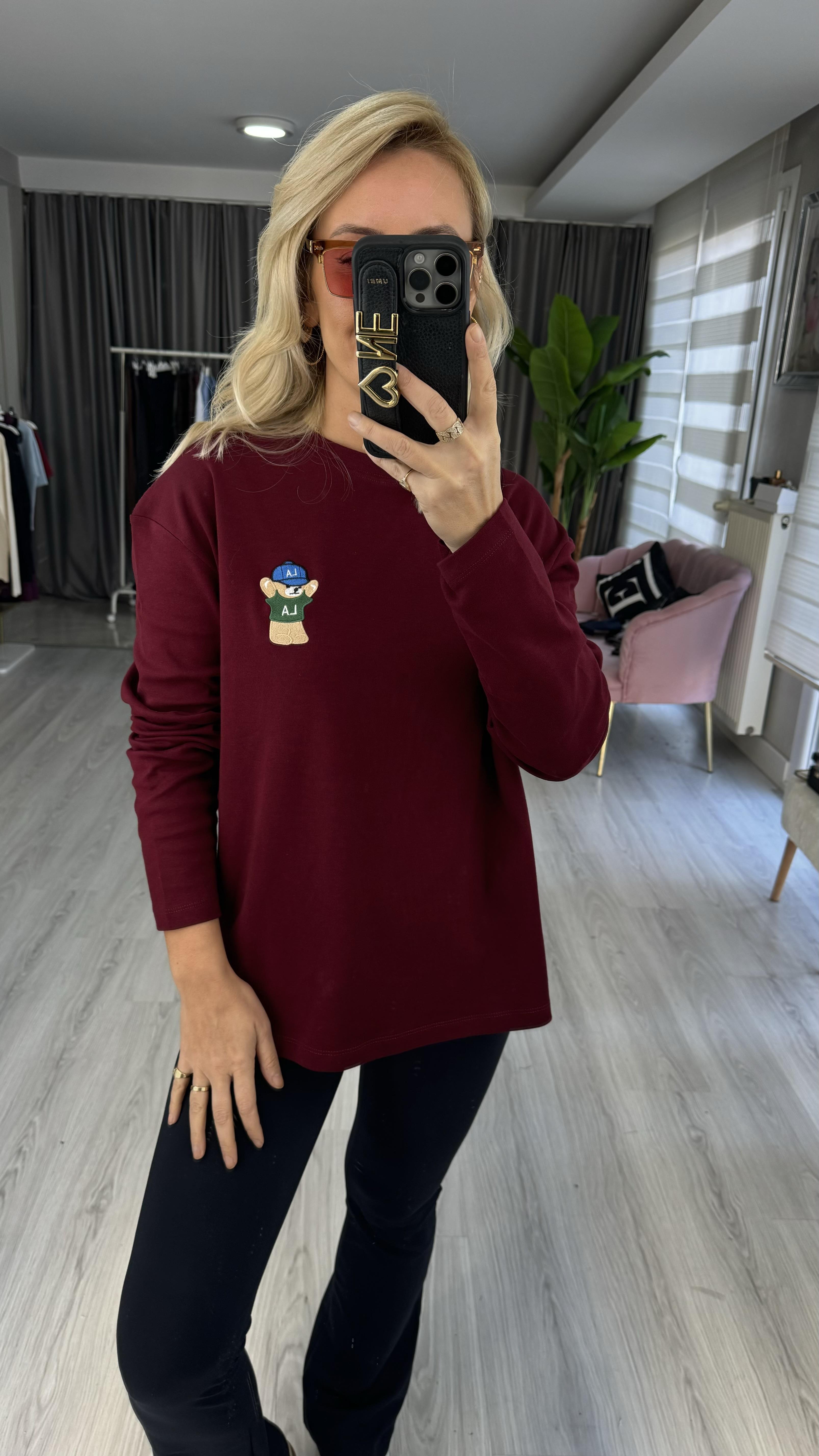 Teddy İşlemeli Bordo Sweatshirt
