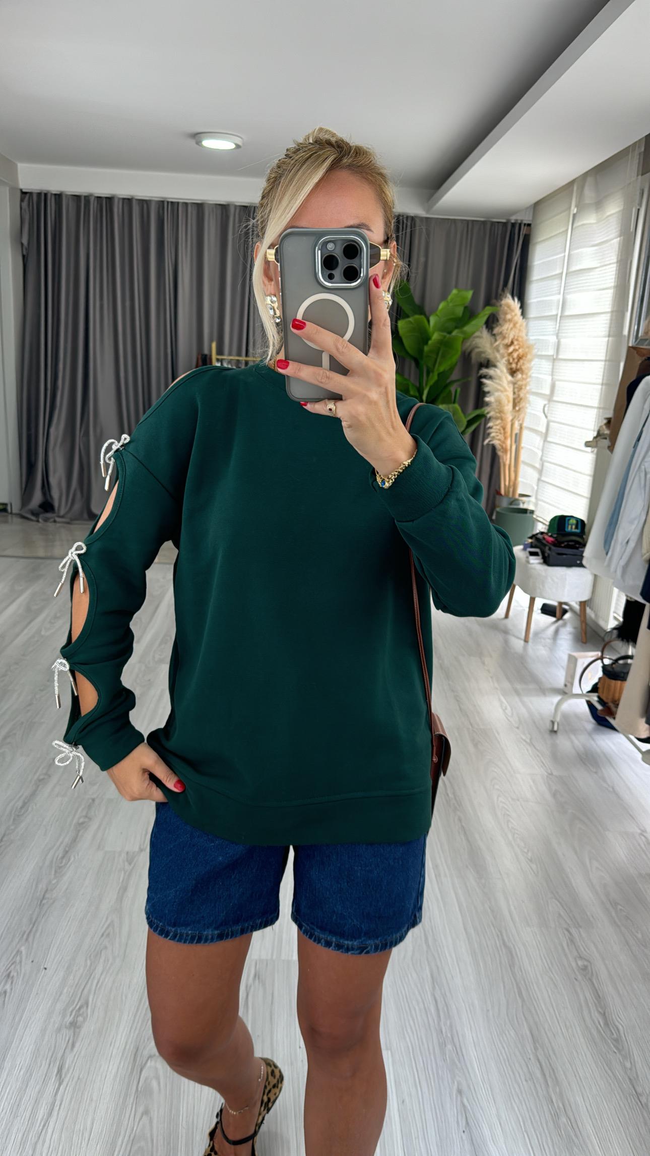 Tek Kolu Fiyonk Detaylı Haki Tasarım Sweat