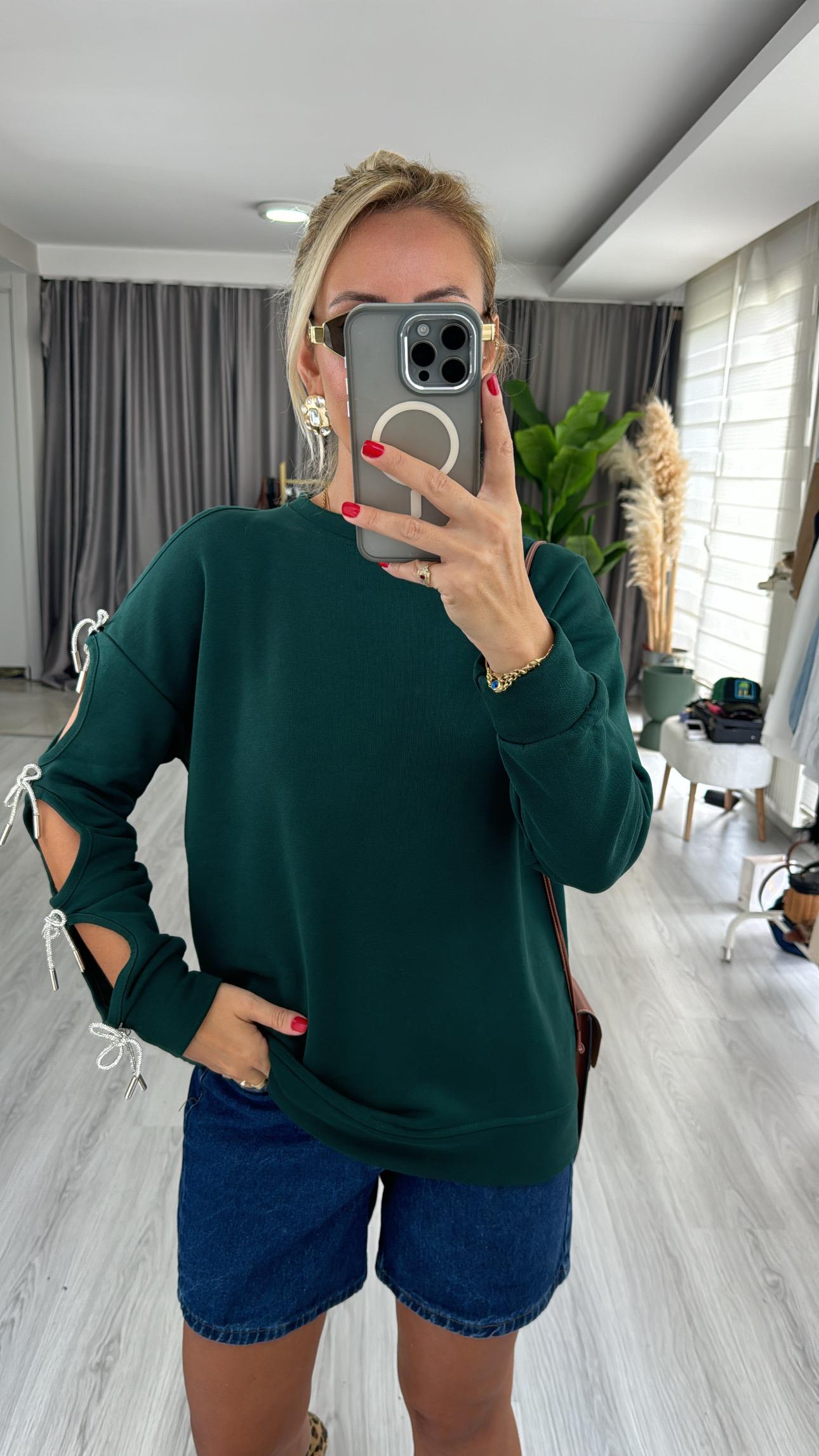Tek Kolu Fiyonk Detaylı Haki Tasarım Sweat