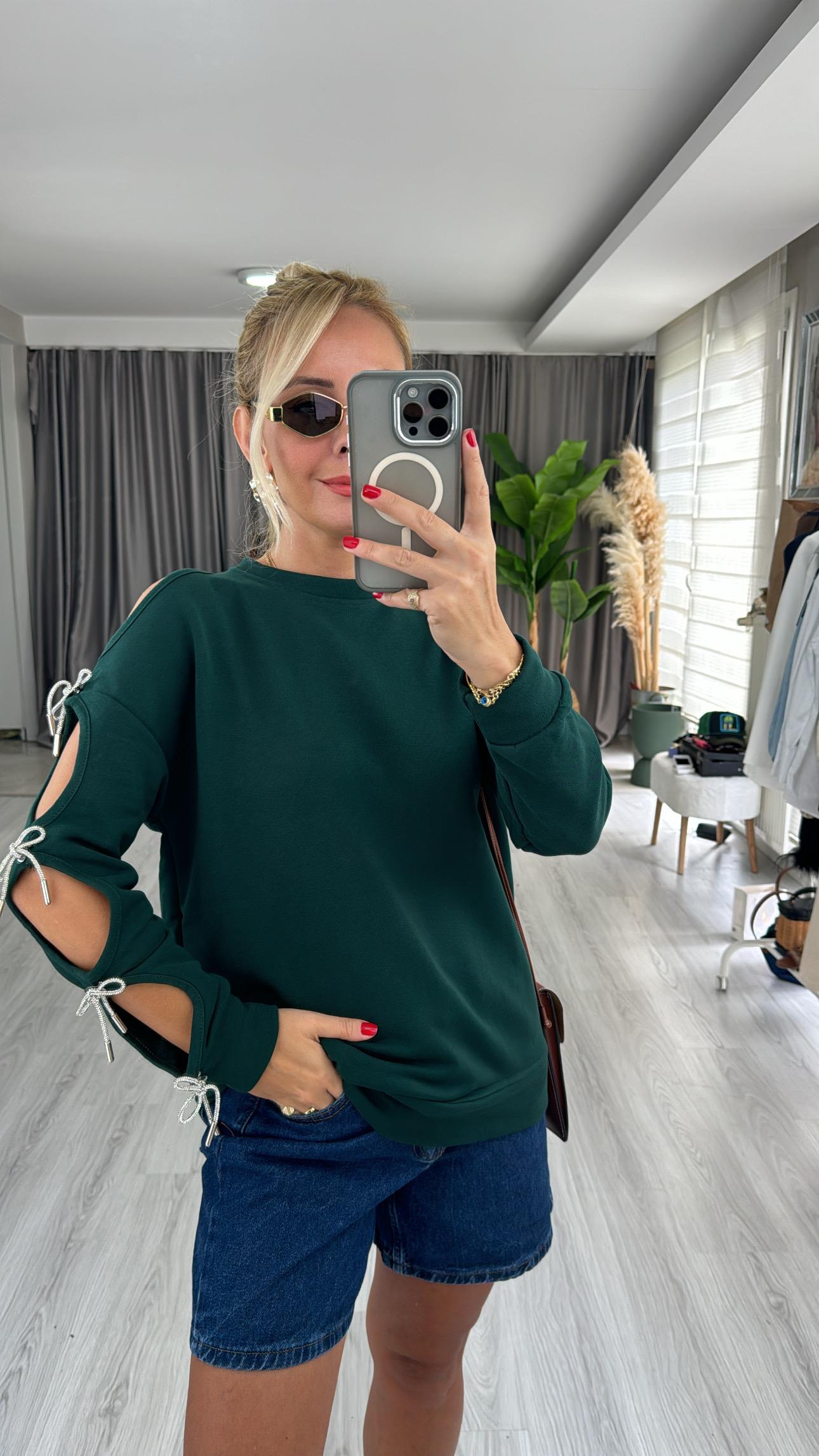 Tek Kolu Fiyonk Detaylı Haki Tasarım Sweat