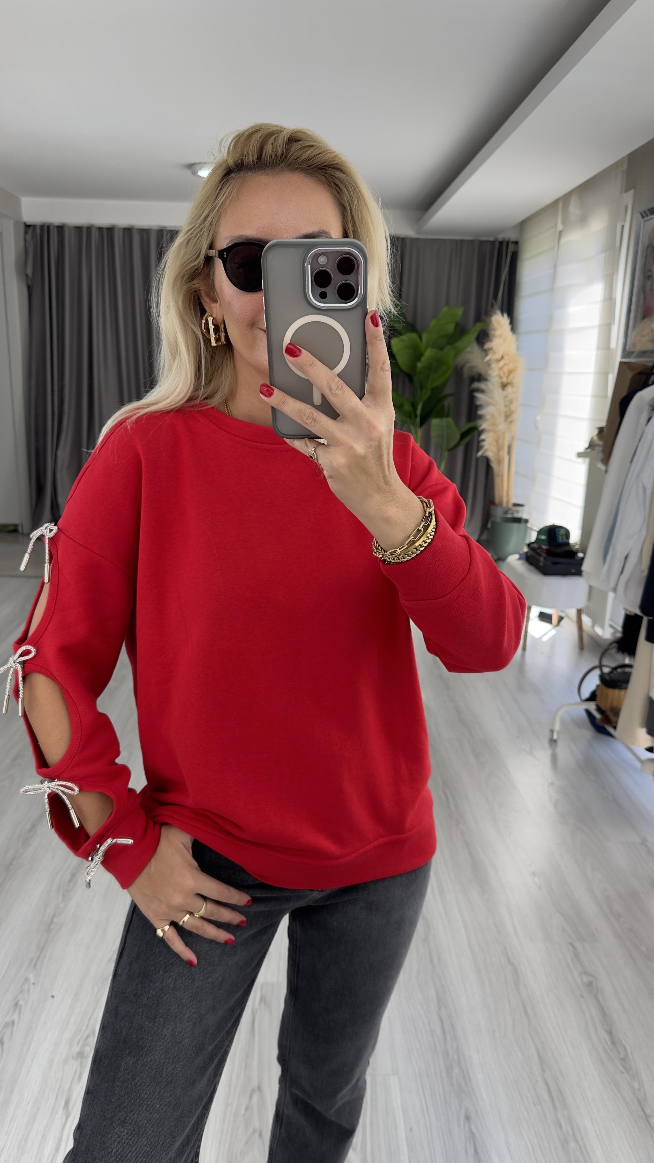 Tek Kolu Fiyonk Detaylı Kırmızı Tasarım Sweat