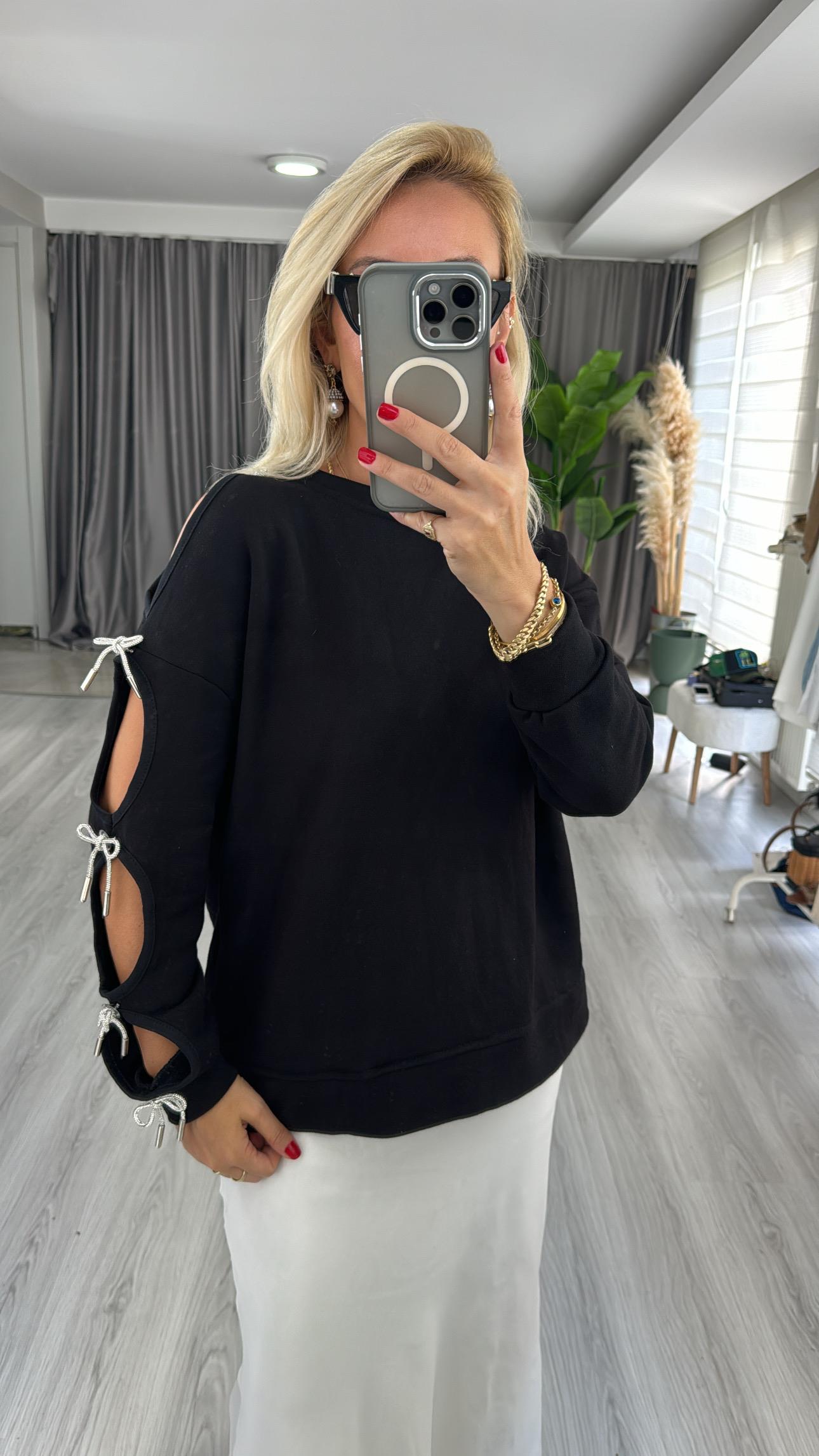Tek Kolu Fiyonk Detaylı Siyah Tasarım Sweat