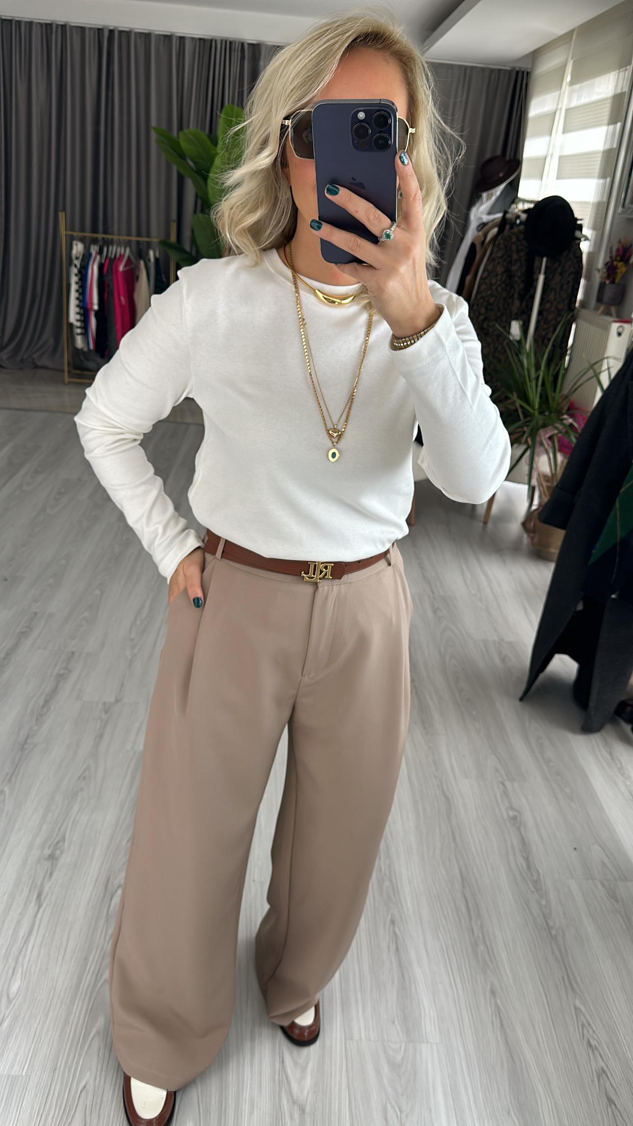 TEK PİLELİ BEJ PALAZZO PANTOLON