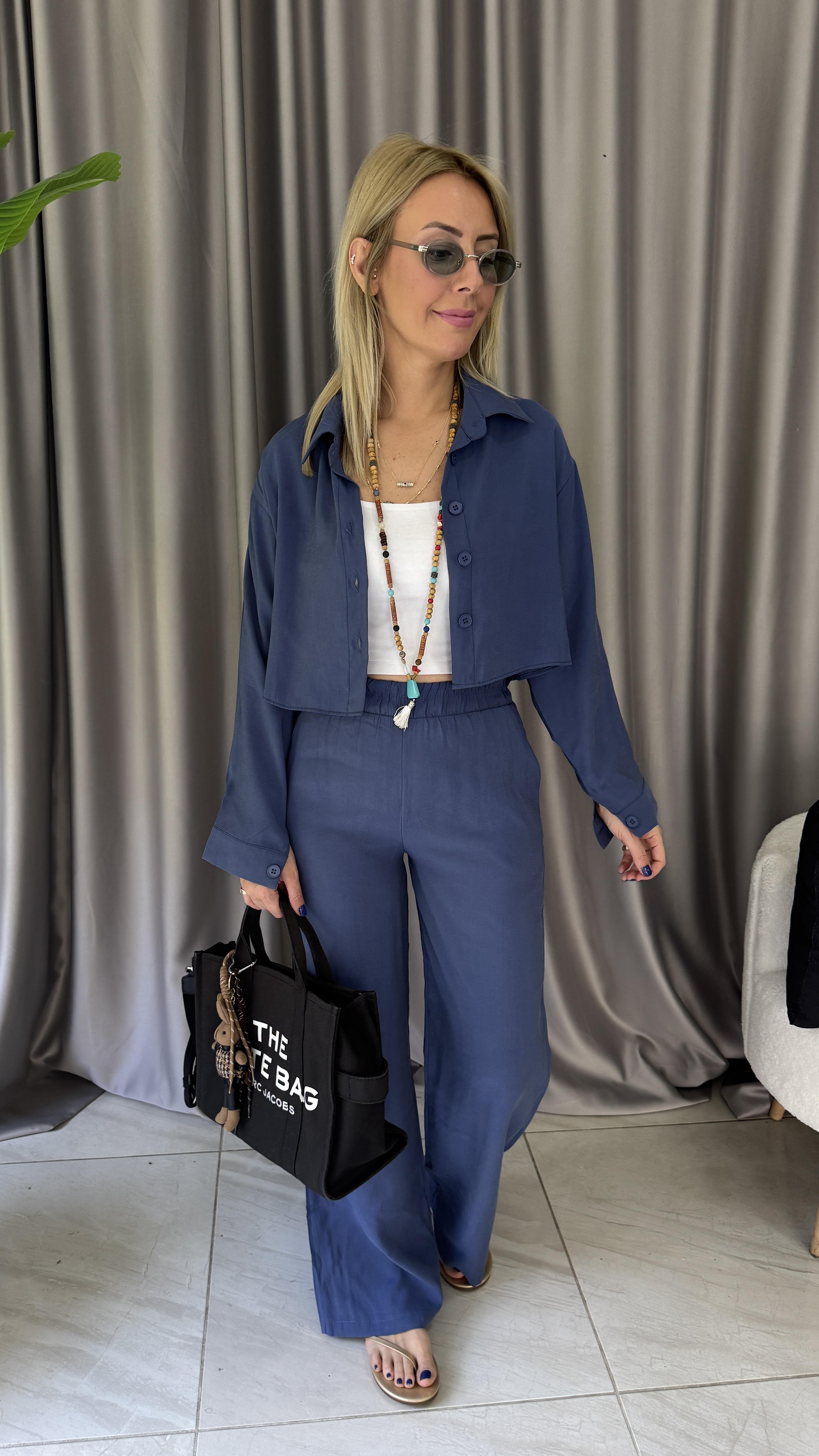 Tencel Gömlek ve Beli Lastikli Pantolon İndigo Modal Takım