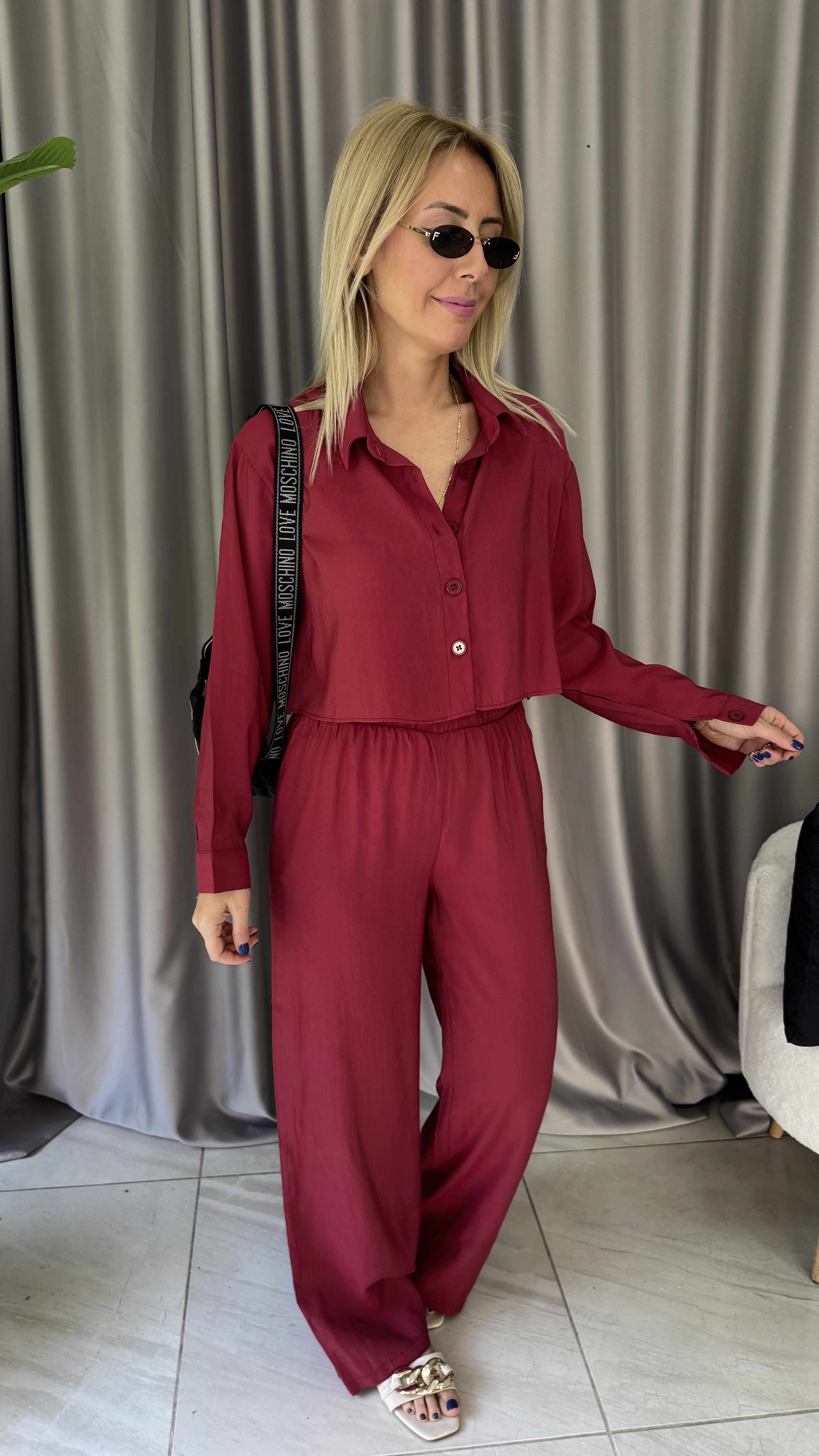 Tencel Gömlek ve Beli Lastikli Pantolon Bordo Modal Takım