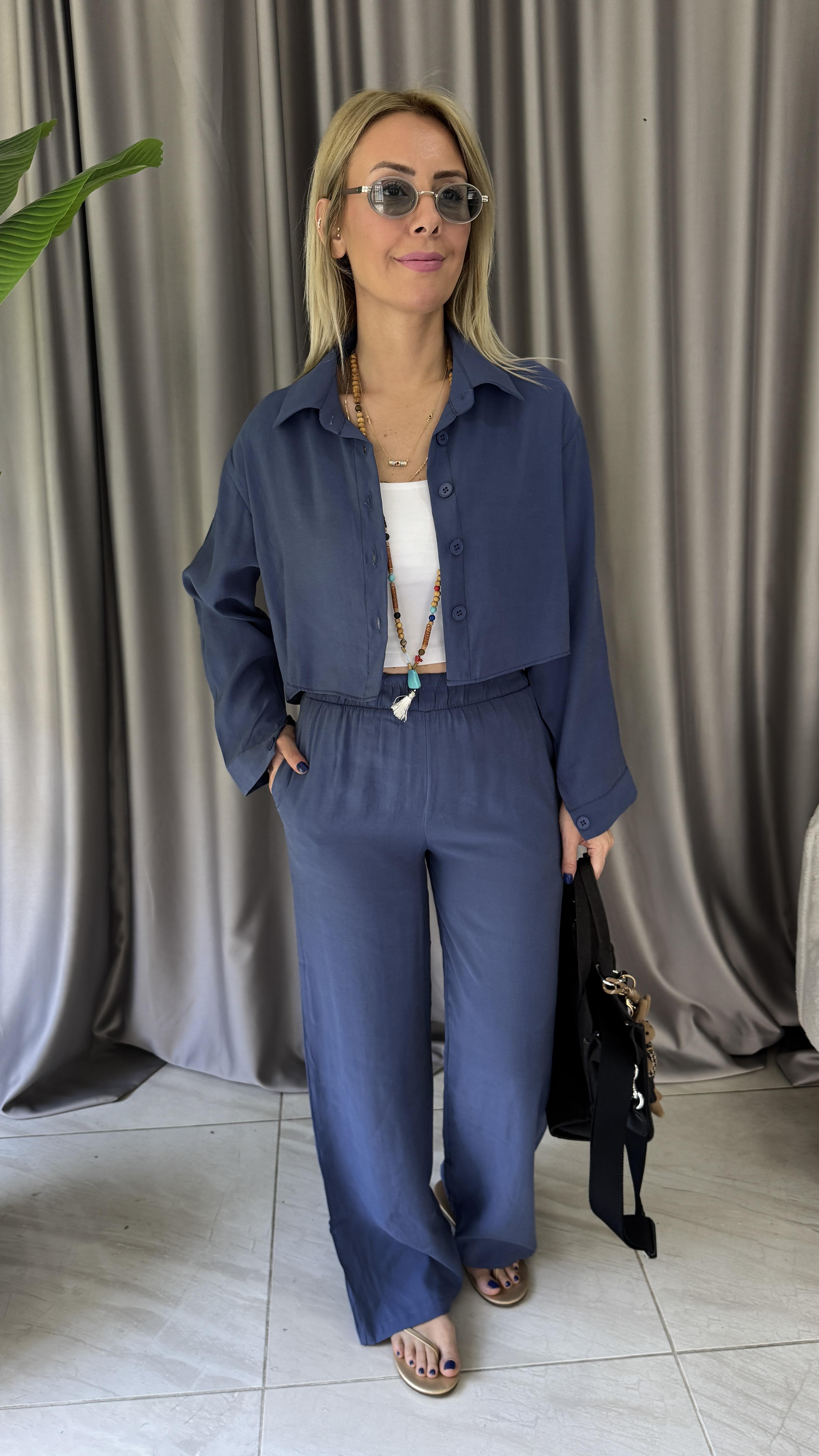 Tencel Gömlek ve Beli Lastikli Pantolon İndigo Modal Takım