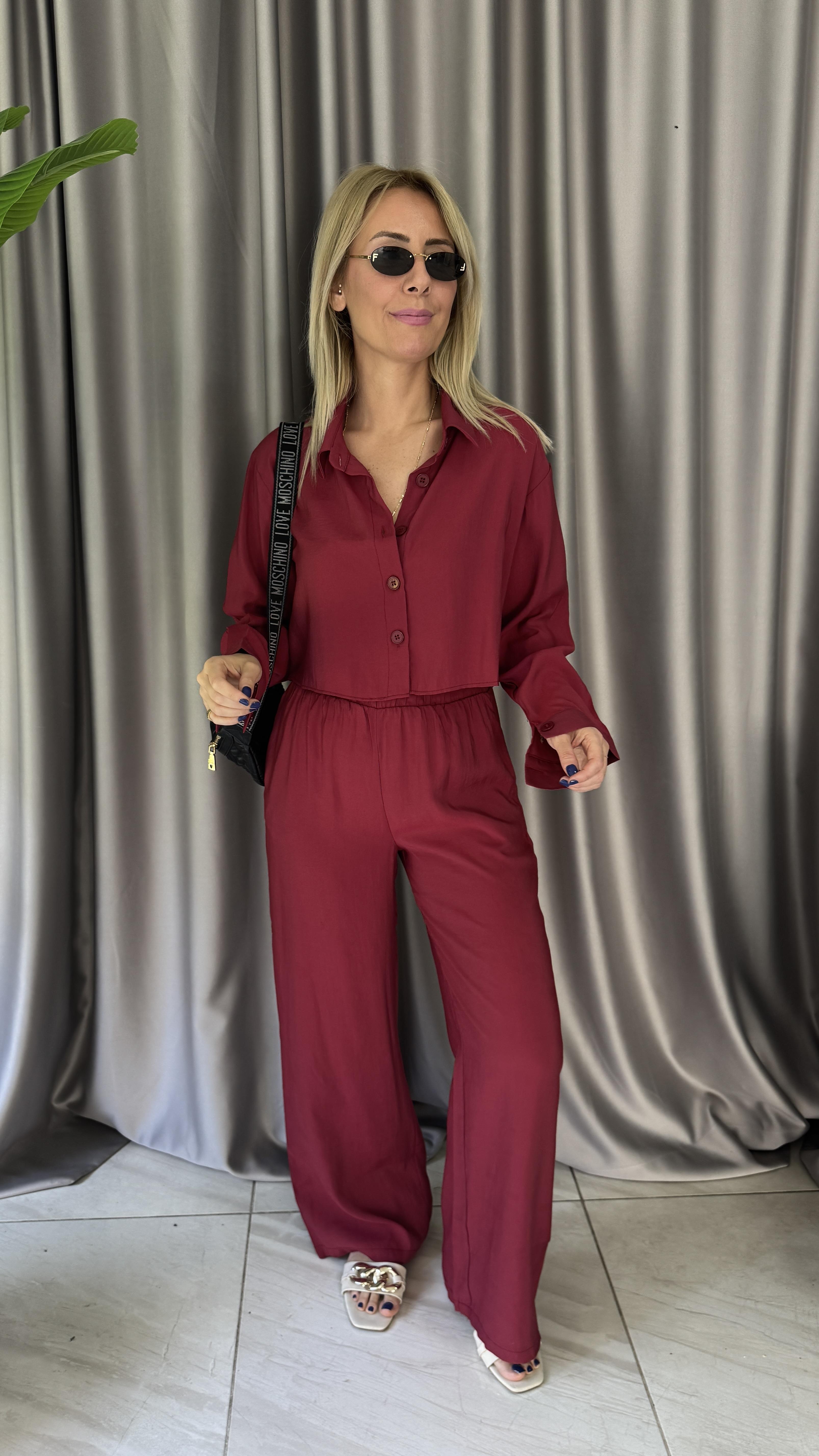 Tencel Gömlek ve Beli Lastikli Pantolon Bordo Modal Takım