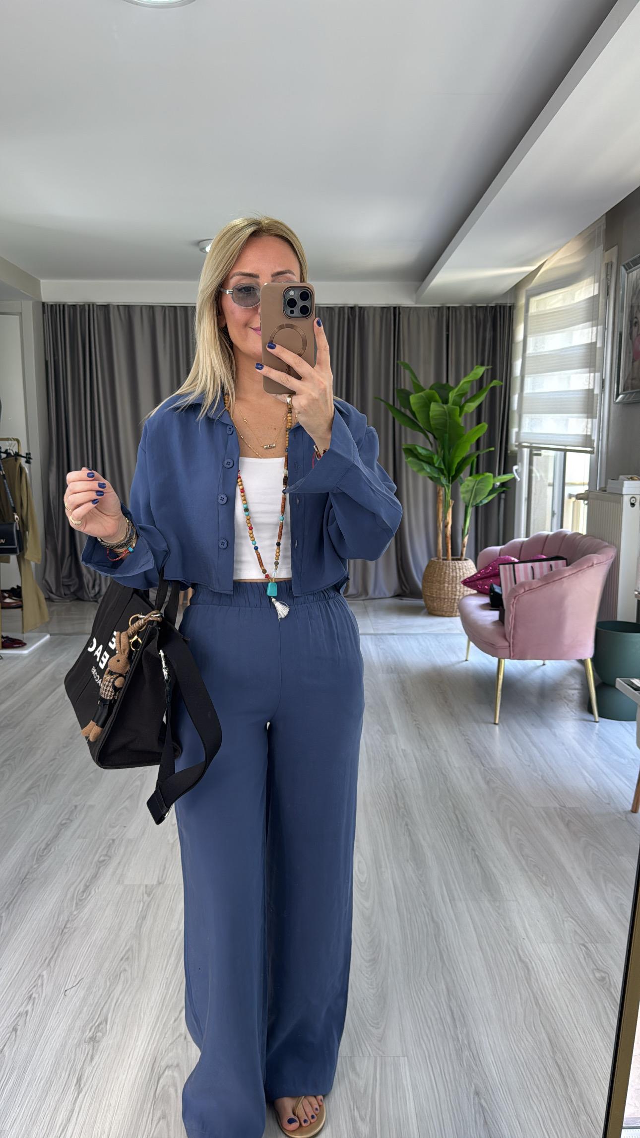 Tencel Gömlek ve Beli Lastikli Pantolon İndigo Modal Takım