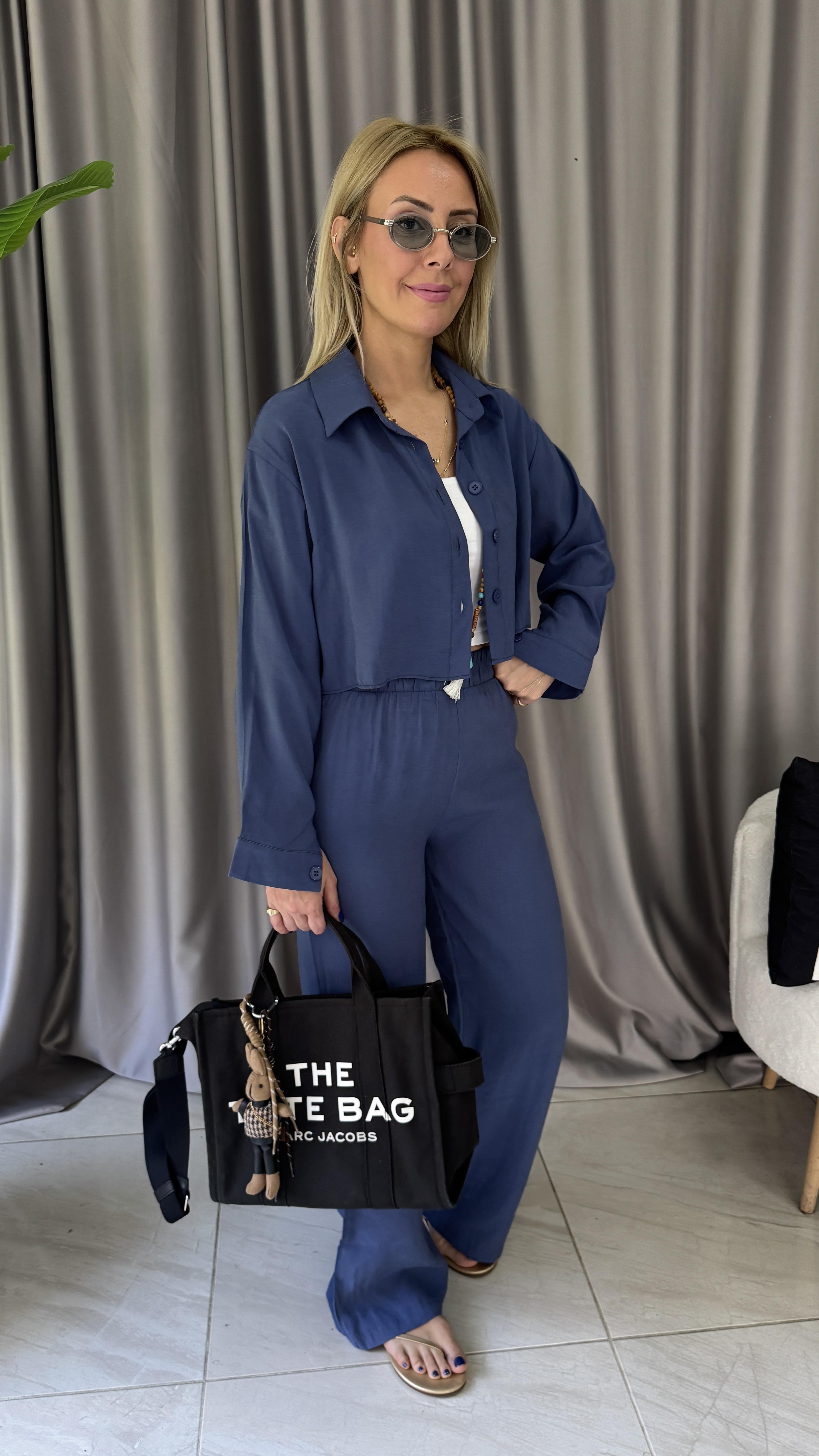 Tencel Gömlek ve Beli Lastikli Pantolon İndigo Modal Takım