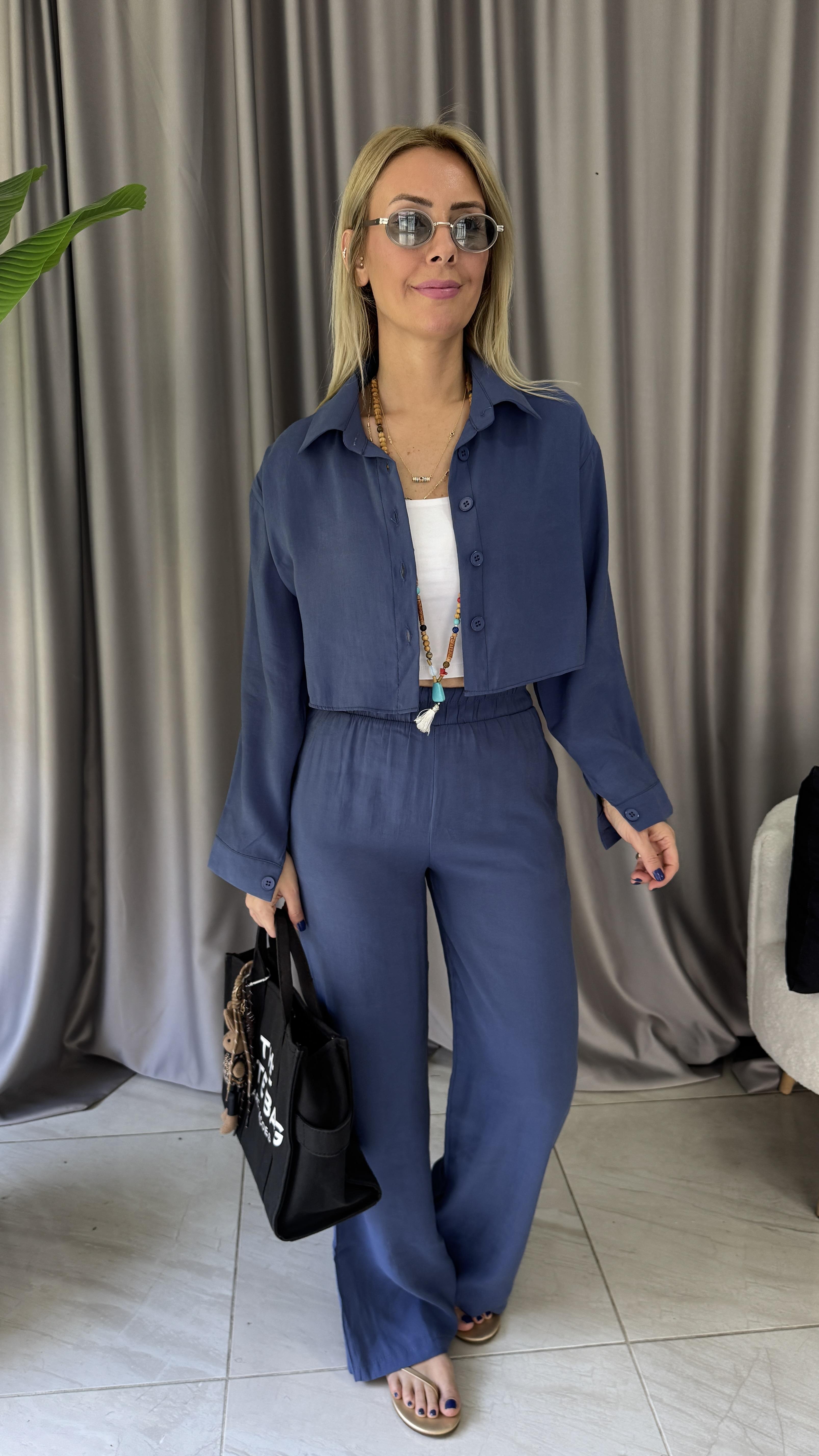 Tencel Gömlek ve Beli Lastikli Pantolon İndigo Modal Takım