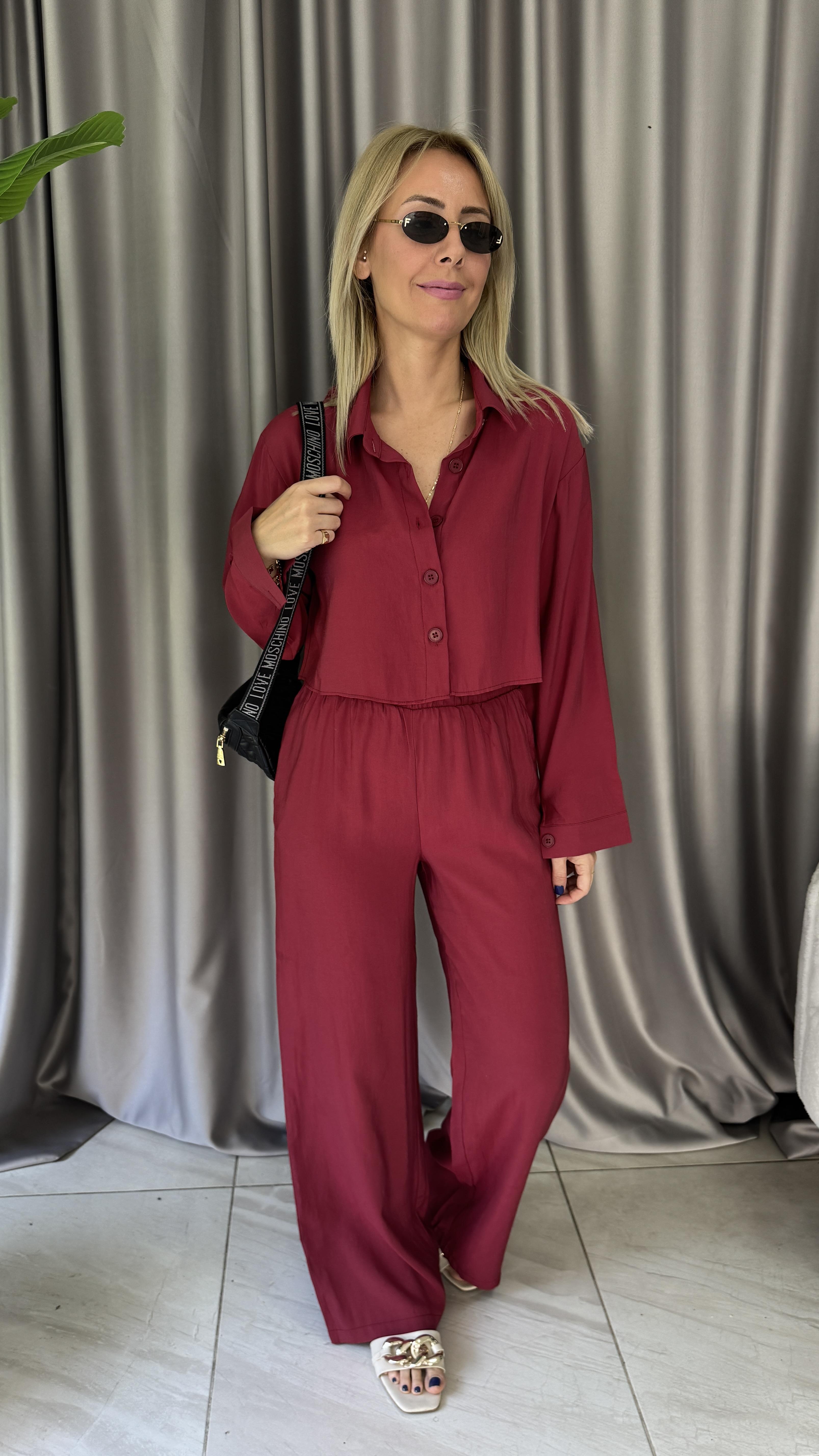 Tencel Gömlek ve Beli Lastikli Pantolon Bordo Modal Takım