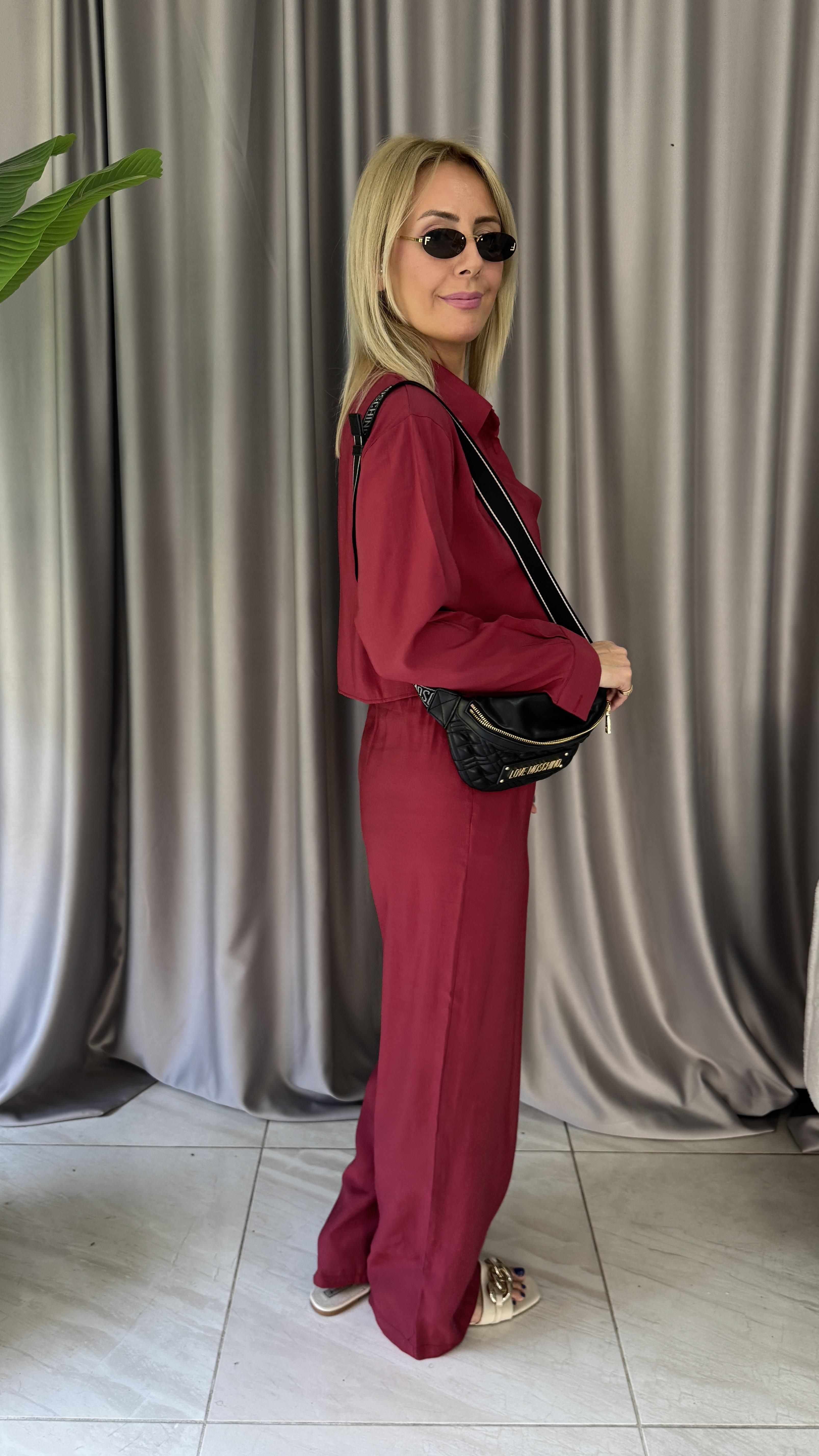 Tencel Gömlek ve Beli Lastikli Pantolon Bordo Modal Takım