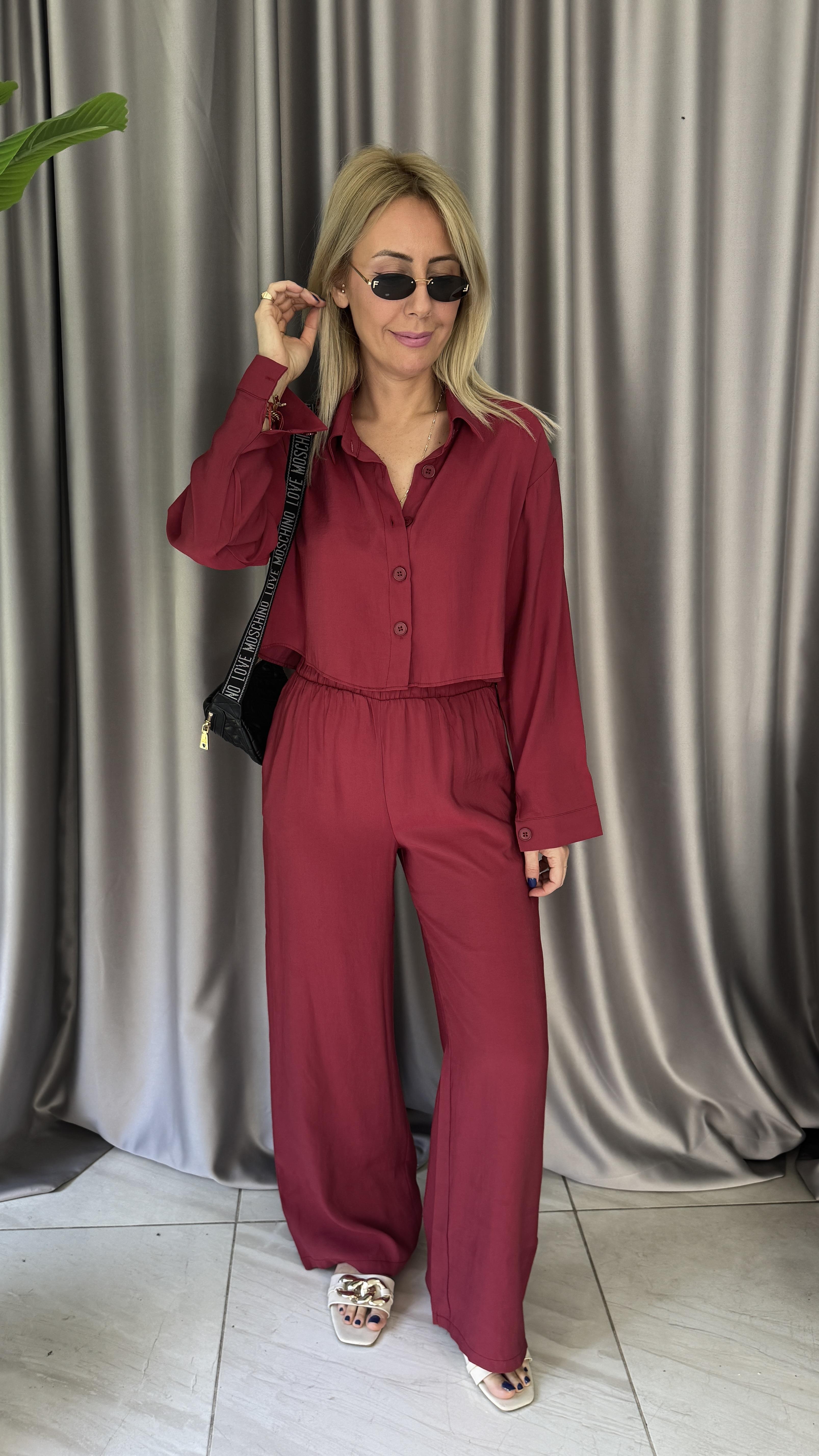 Tencel Gömlek ve Beli Lastikli Pantolon Bordo Modal Takım