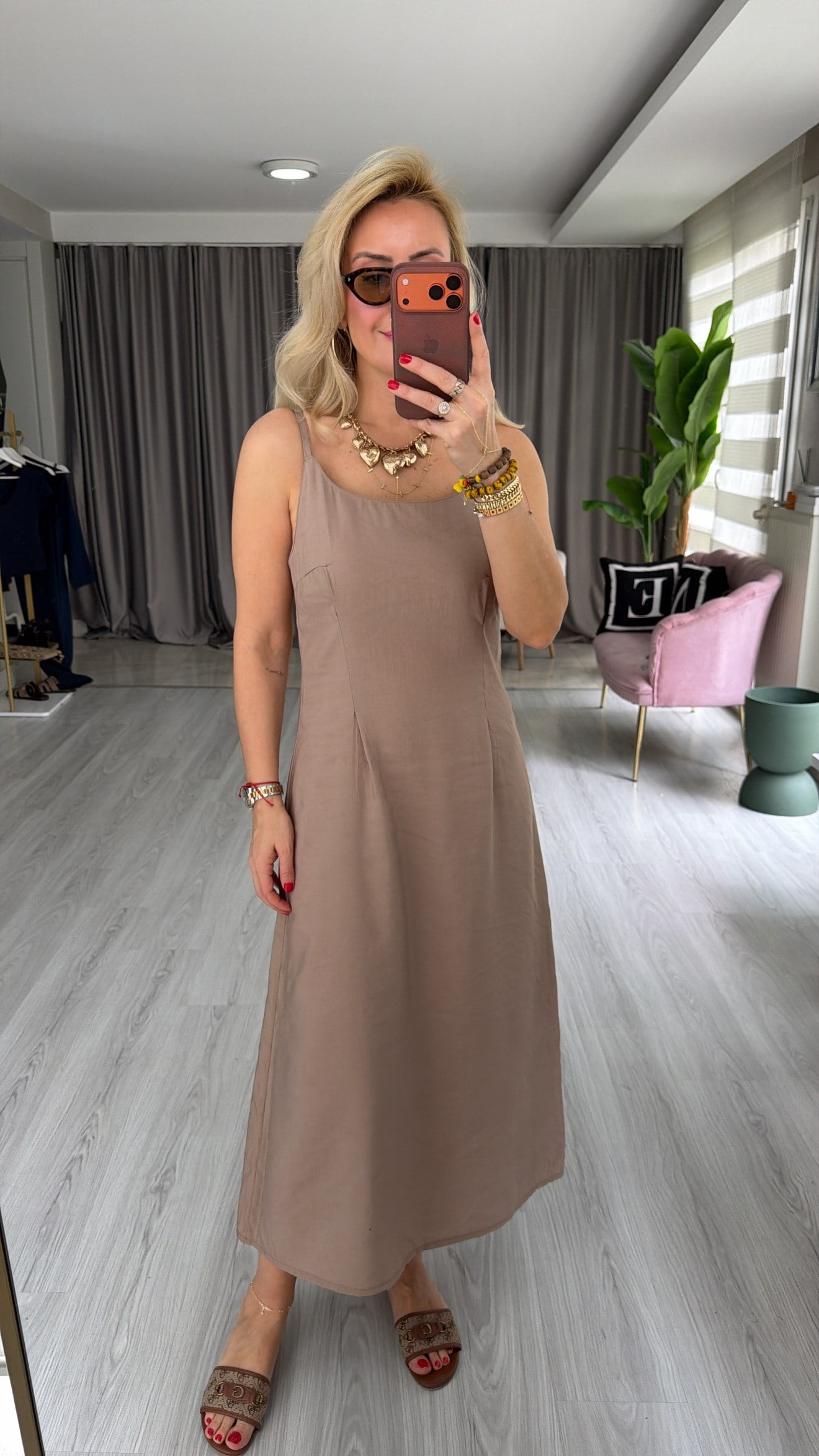 Tencel Gömlek ve Elbise Bej Modal Takım
