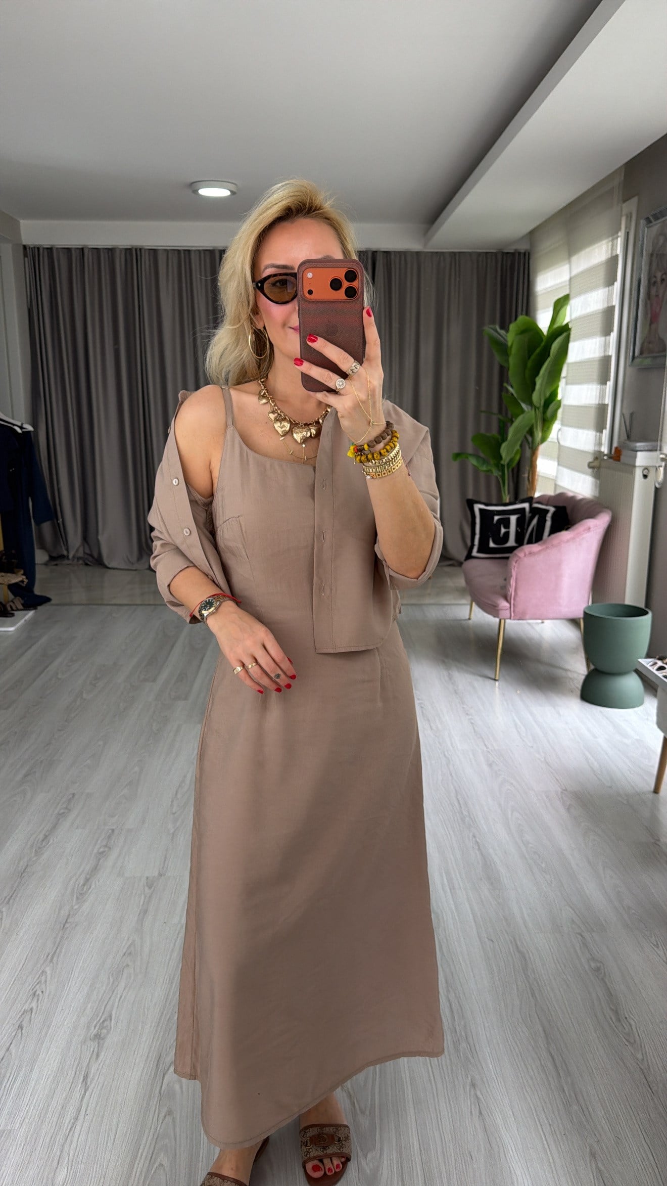 Tencel Gömlek ve Elbise Bej Modal Takım