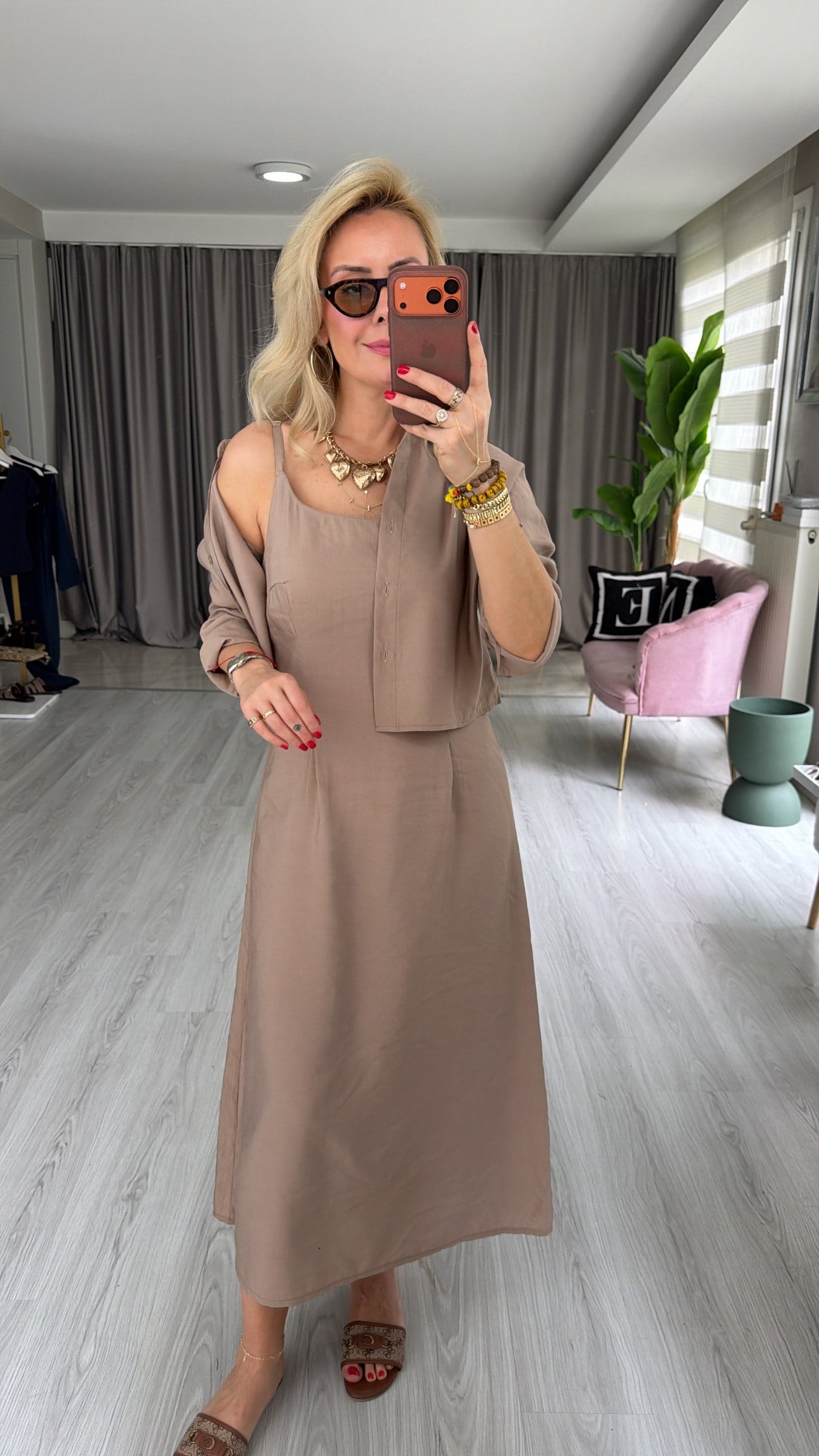 Tencel Gömlek ve Elbise Bej Modal Takım