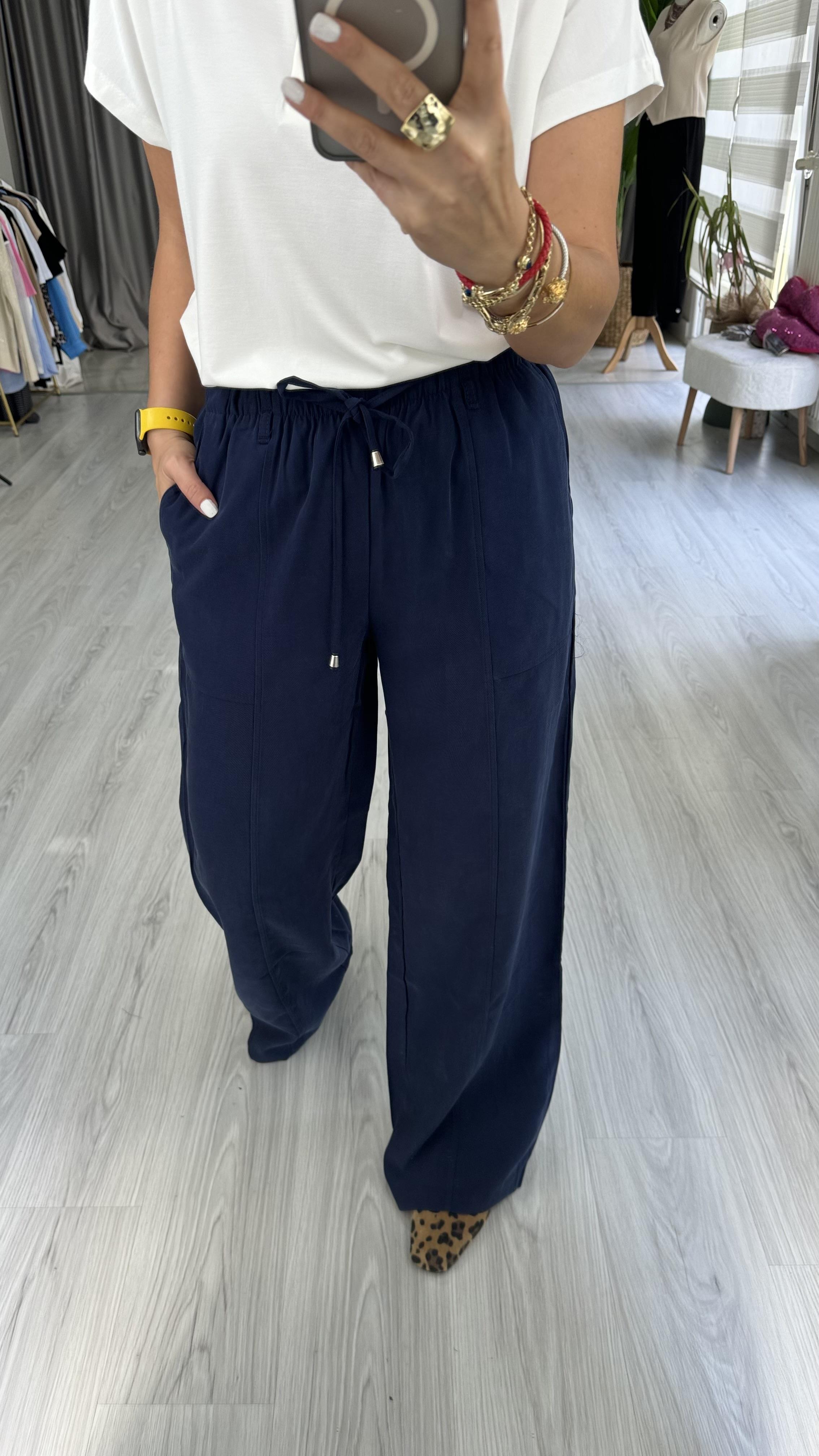 TENCEL, İP BAĞCIKLI LACİVERT PALAZZO PANTOLON