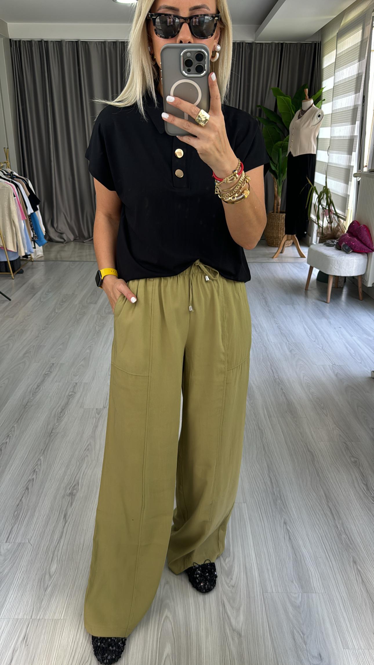 TENCEL, İP BAĞCIKLI YAĞ YEŞİLİ PALAZZO PANTOLON
