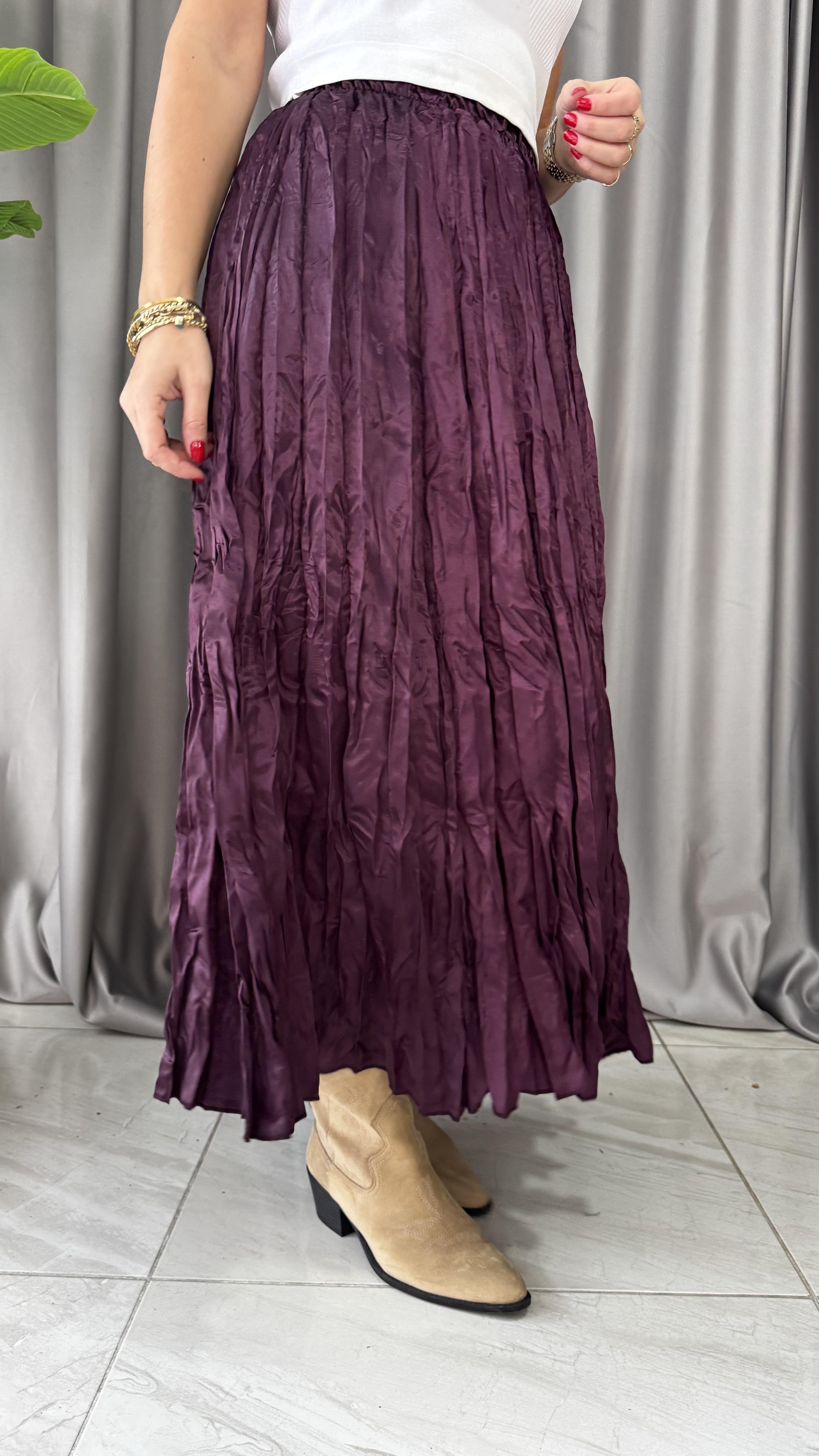 Tok Dokuda Buruş Kumaş Saten Mürdüm Etek