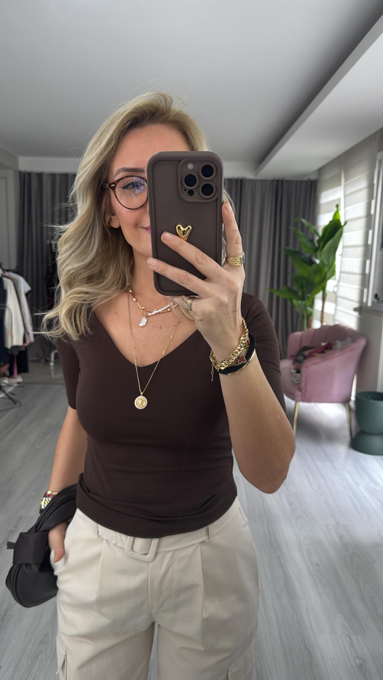 V Yaka Acı Kahve Bluz