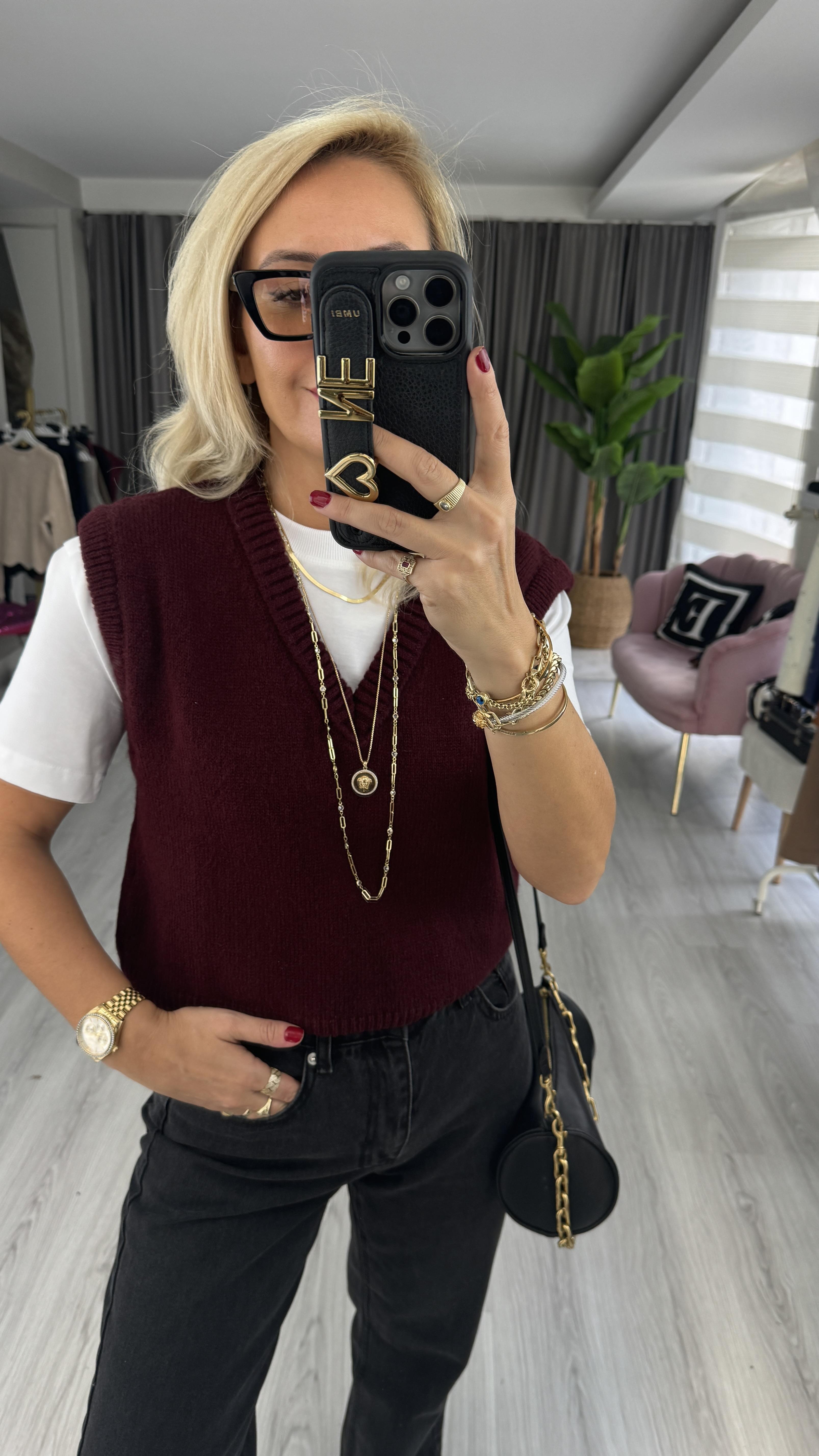 V Yaka Bordo Kolsuz Süveter