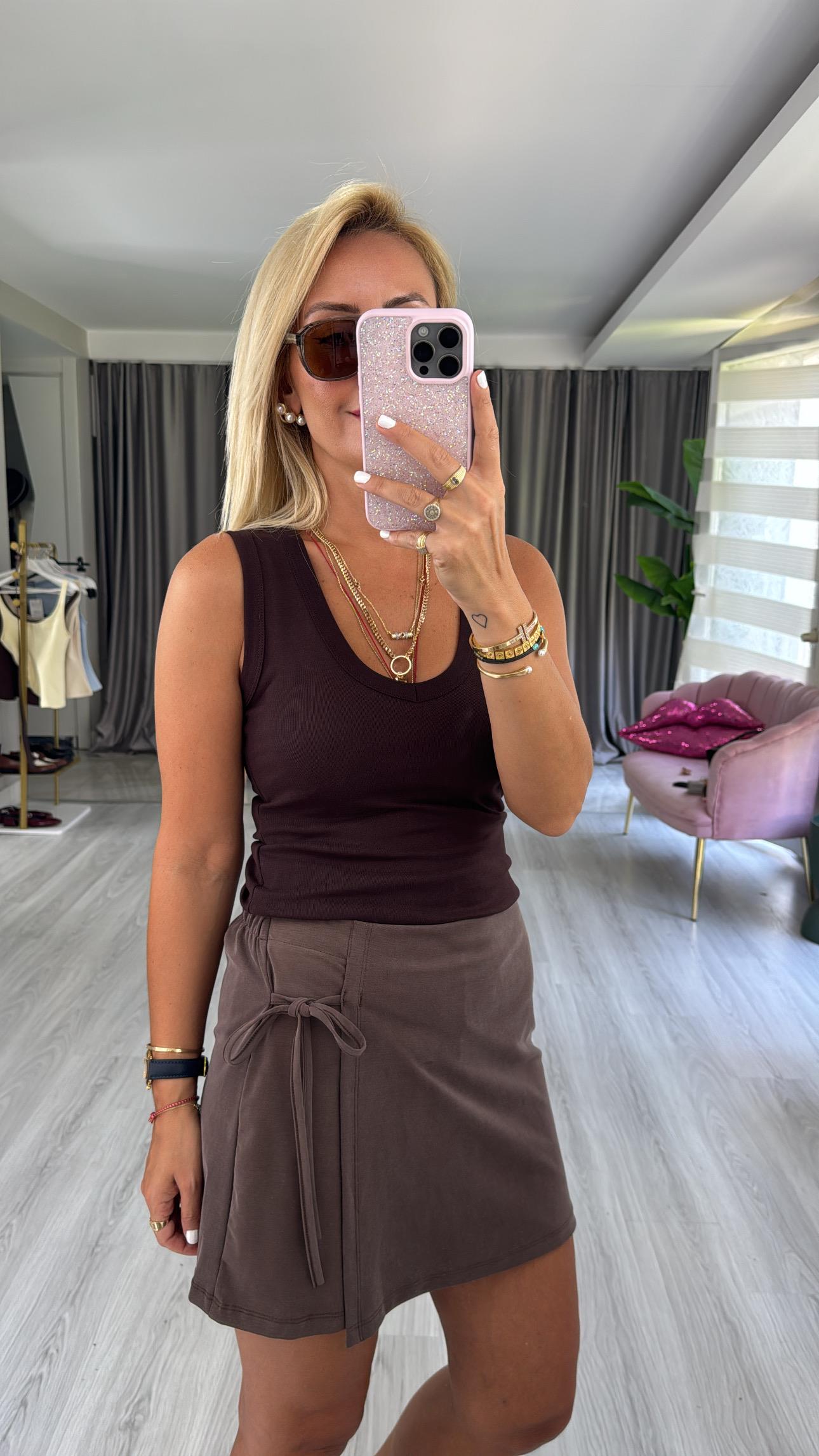 V Yaka Pamuklu Kahverengi Atlet Bluz