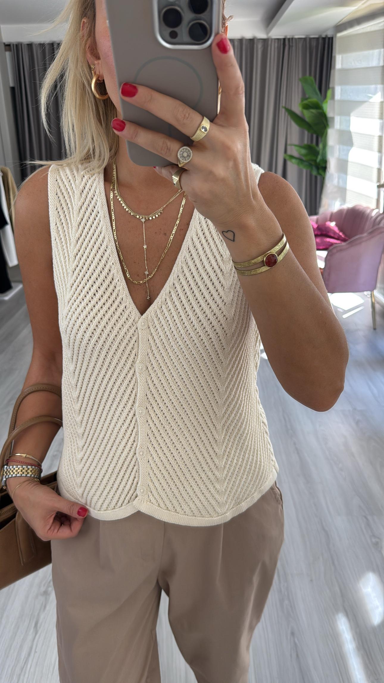 V Yaka Selanik Örgü Ekru Yelek