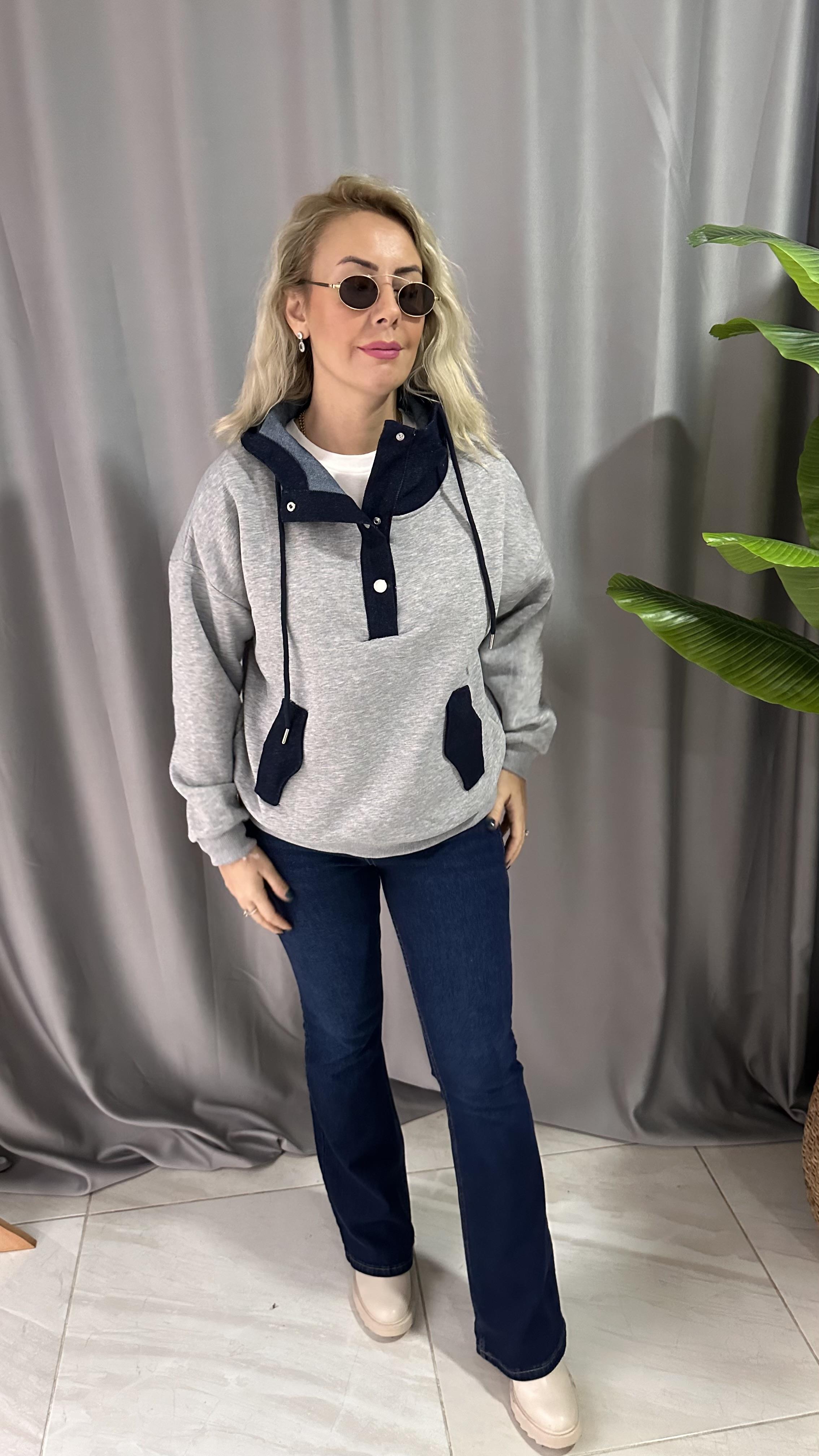 YAKASI JEAN DETAYLI KAPŞONLU GRİ SWEAT