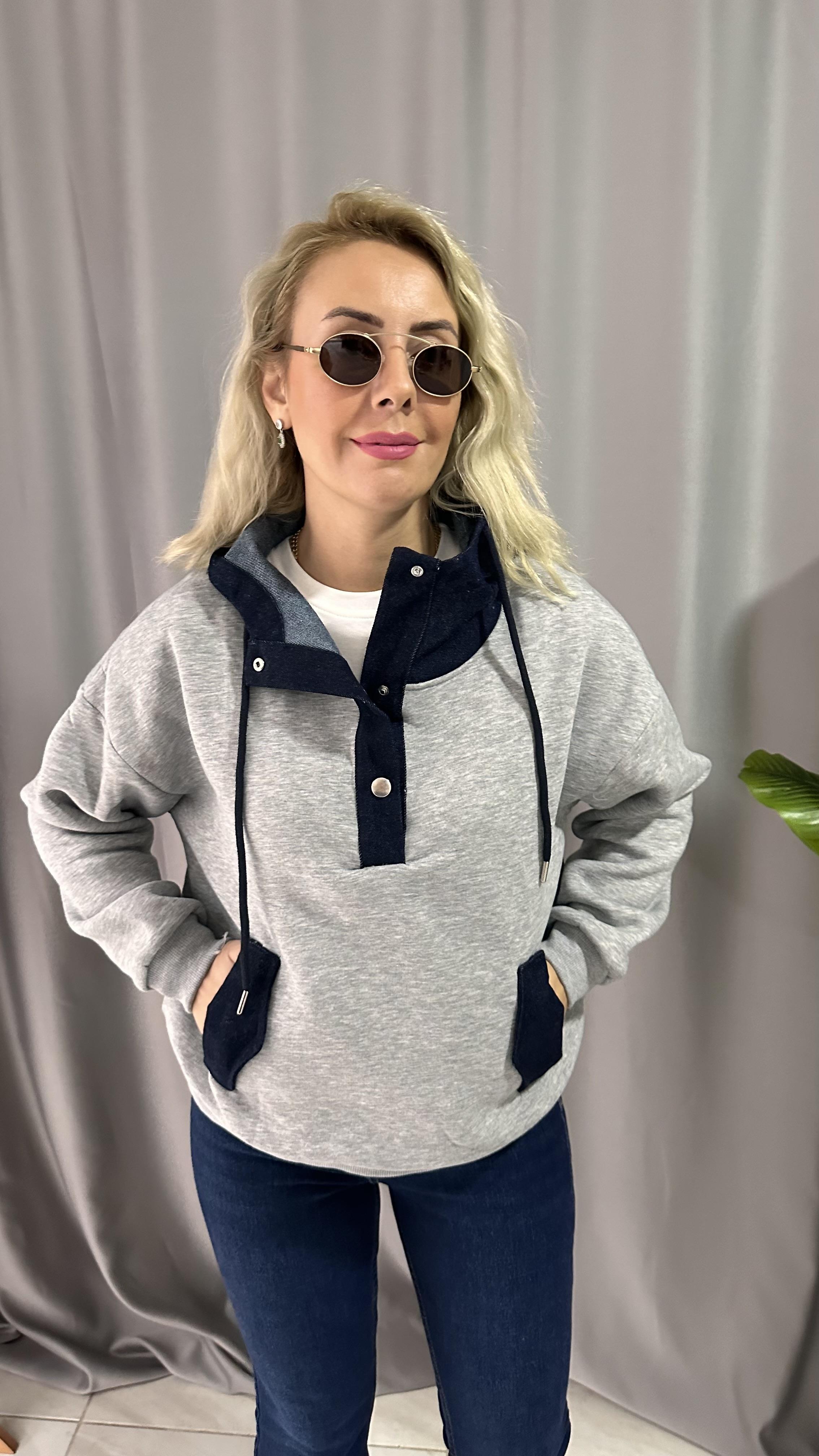 YAKASI JEAN DETAYLI KAPŞONLU GRİ SWEAT