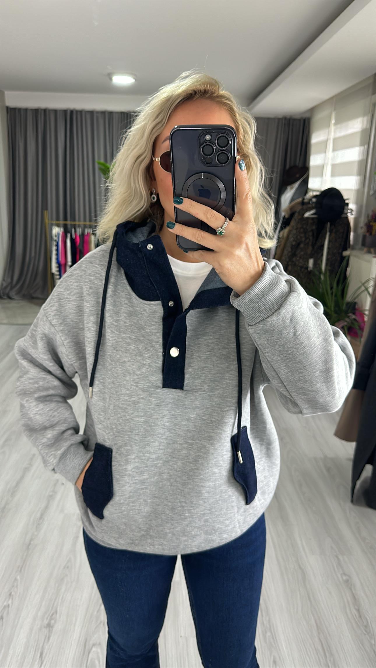 YAKASI JEAN DETAYLI KAPŞONLU GRİ SWEAT
