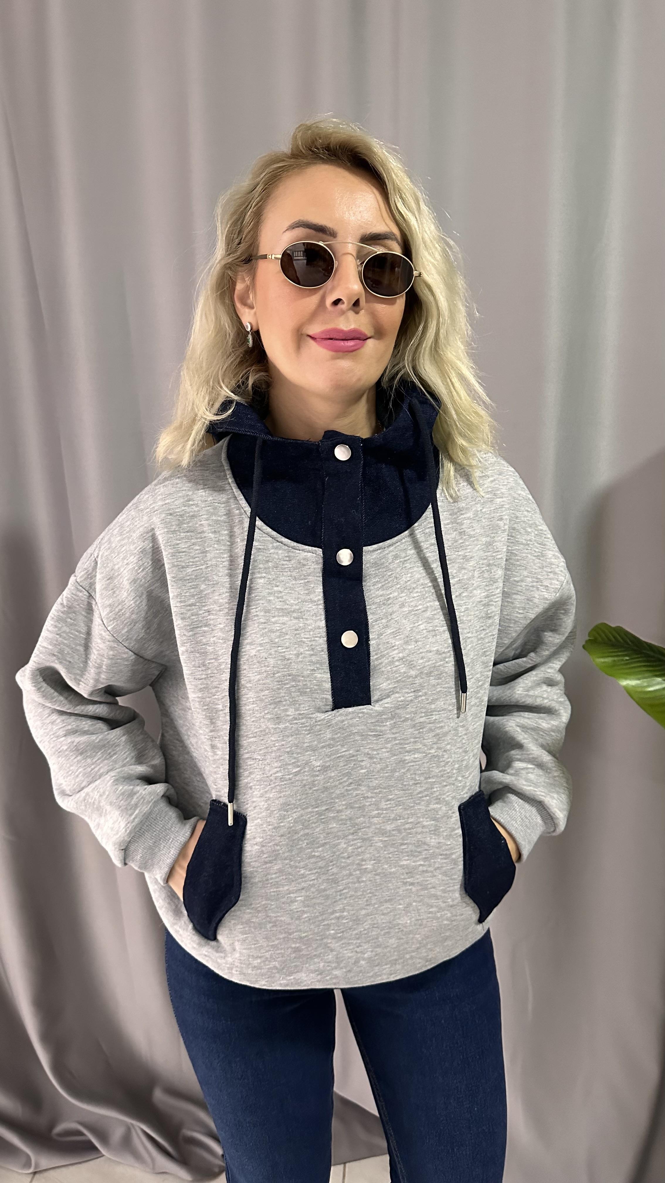 YAKASI JEAN DETAYLI KAPŞONLU GRİ SWEAT