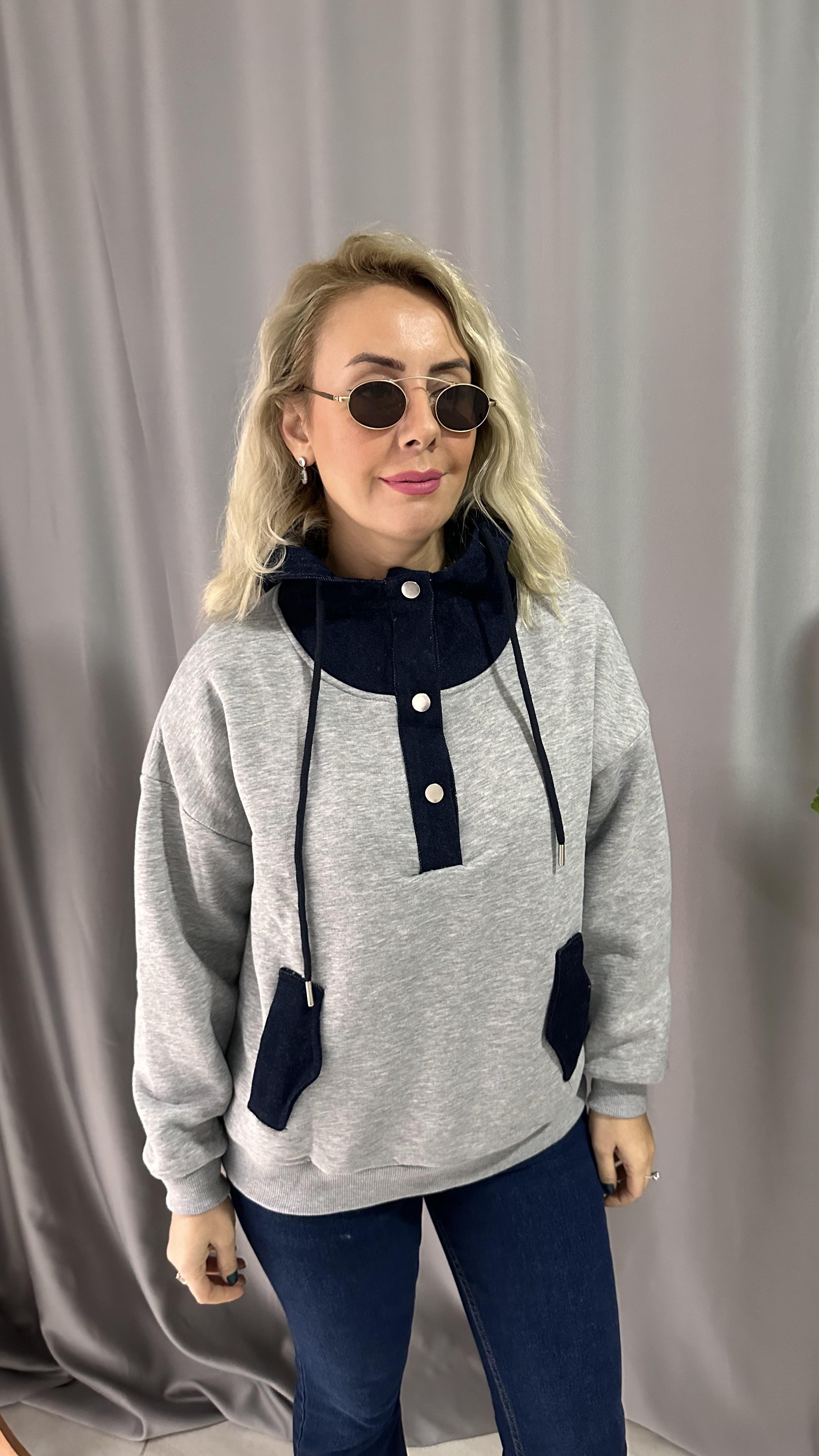 YAKASI JEAN DETAYLI KAPŞONLU GRİ SWEAT