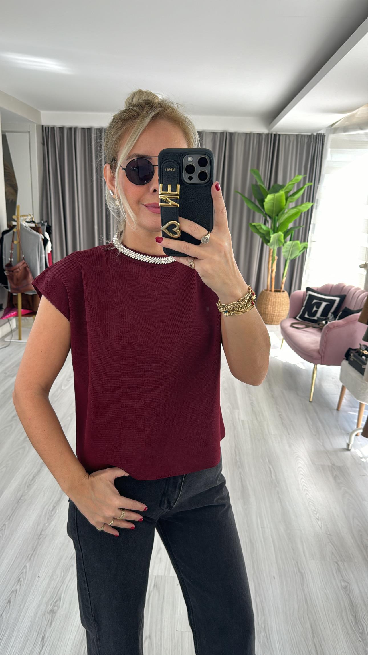 Yakası Taşlı Çelik Örme Bordo Bluz 
