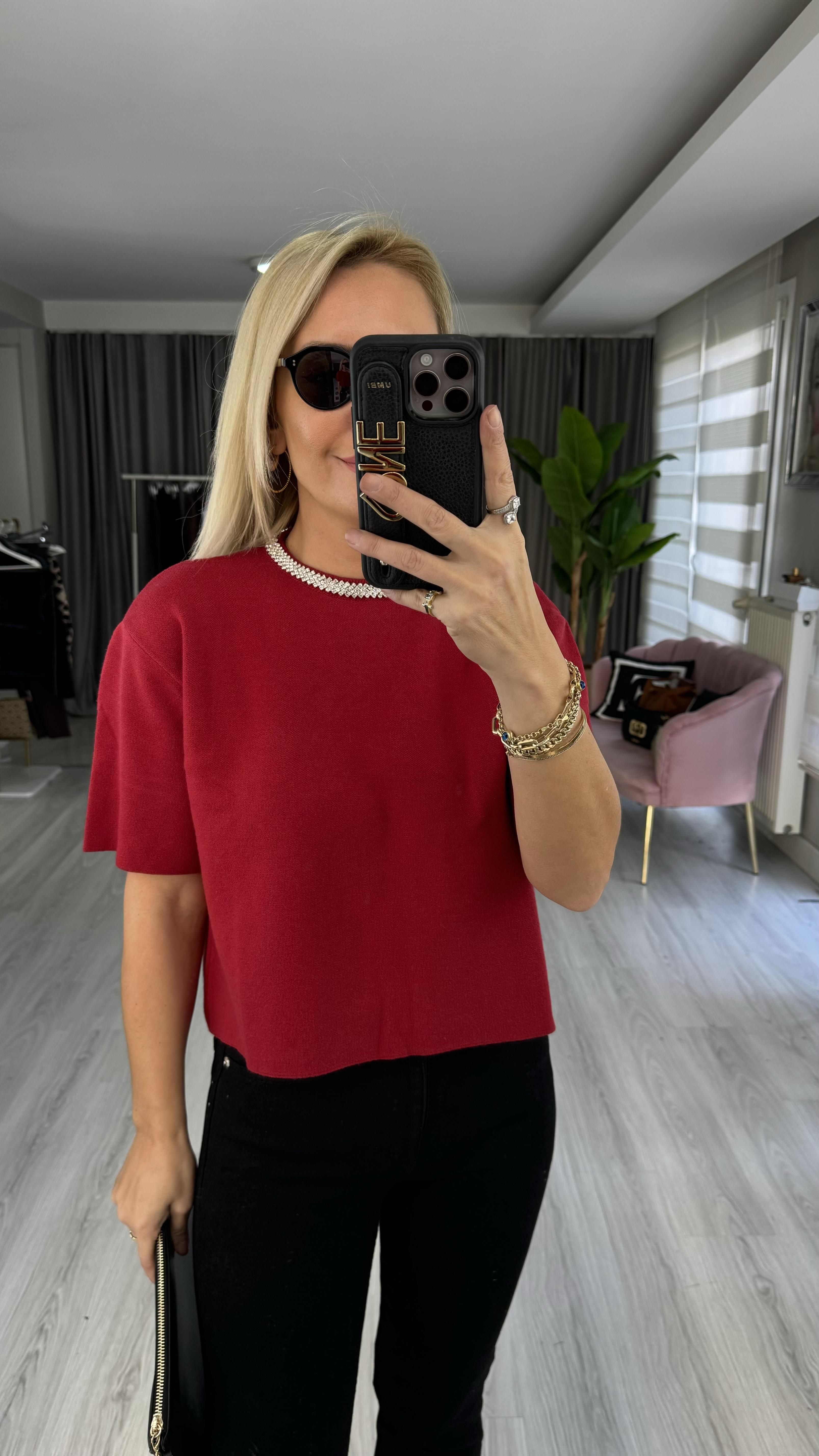 Yakası Taşlı Yarım Kol Çelik Örme Bordo Bluz